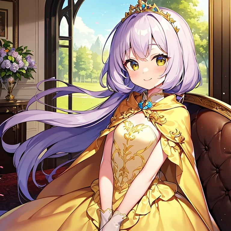 looking at viewer,(kawaii),(best quality),(ultra detailed), upper body,(rococo style),(long train pastel yellow cape:1.15), very long cape,(long train white ball gown with flower decorations:1.1), a girl is wearing a cape over her gown, 1 little princess, tiara, smile, very long hair, small breasts