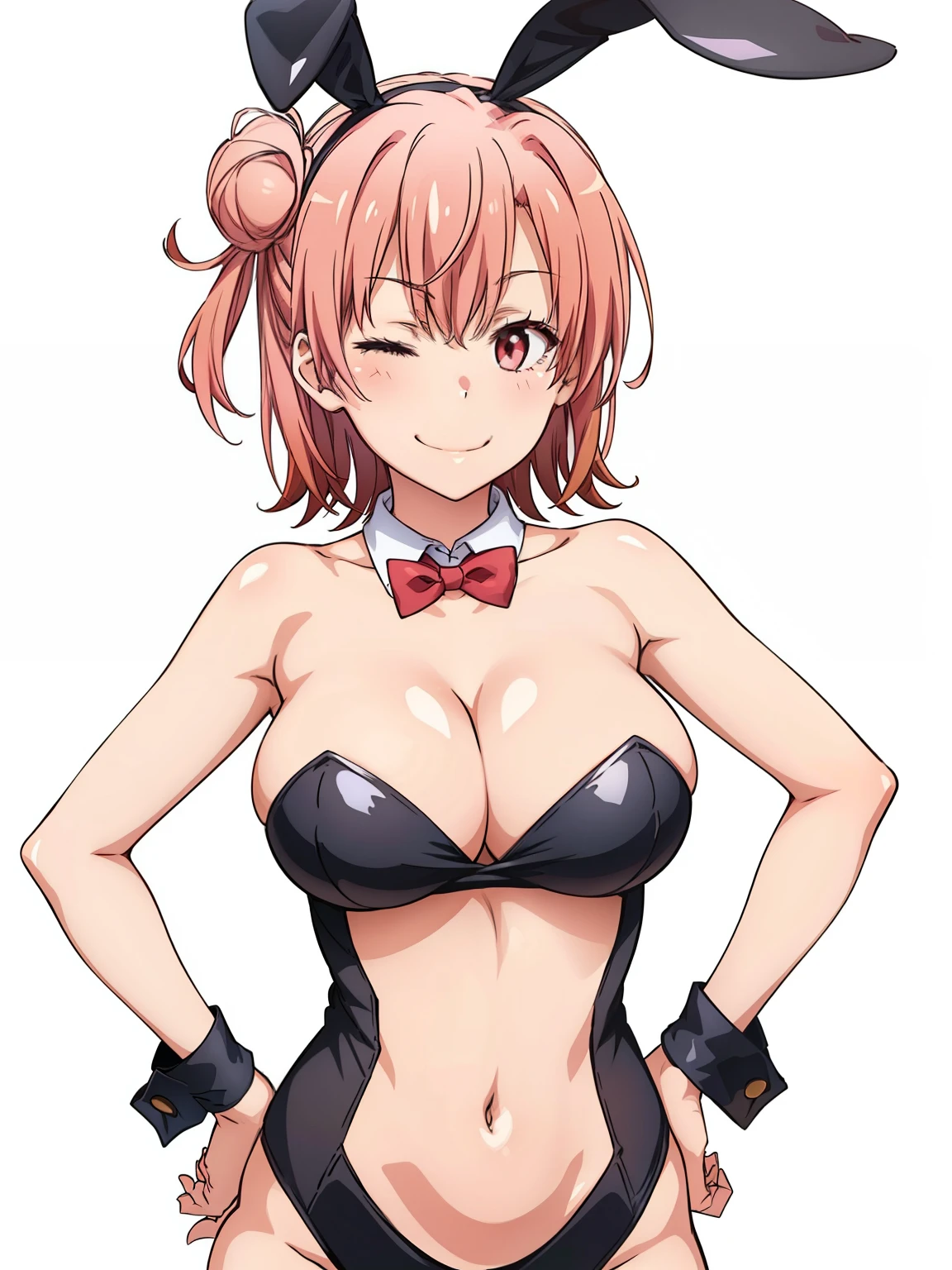 ((masutepiece, Best Quality, hight resolution, nffsw, Perfect Pixel, depth of fields, 4K, )), 1girl in, Solo, , Beautiful anime girl, Beautiful Art Style, close up, Looking at Viewer, Perfect body, Yuigahama Yui, Short hair, pink hair, hairbun, (large boob), cleavage, black playboy bunny, red bowtie, smiling, winking, wink, one eye closed, hands on hips, blank white background, cowboy shot