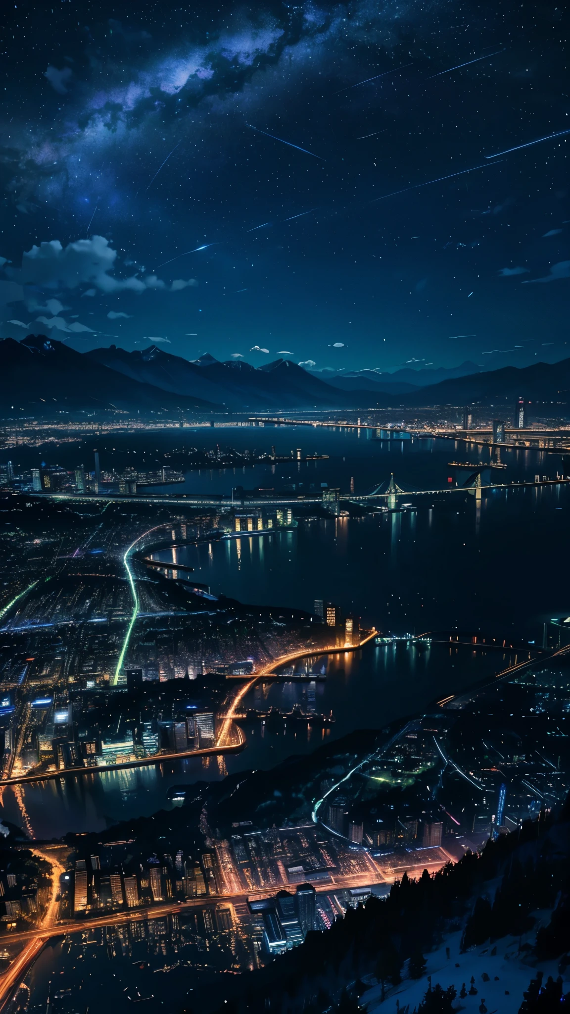 Winter Mountain、Night Sky、Lowland city lights by the lake