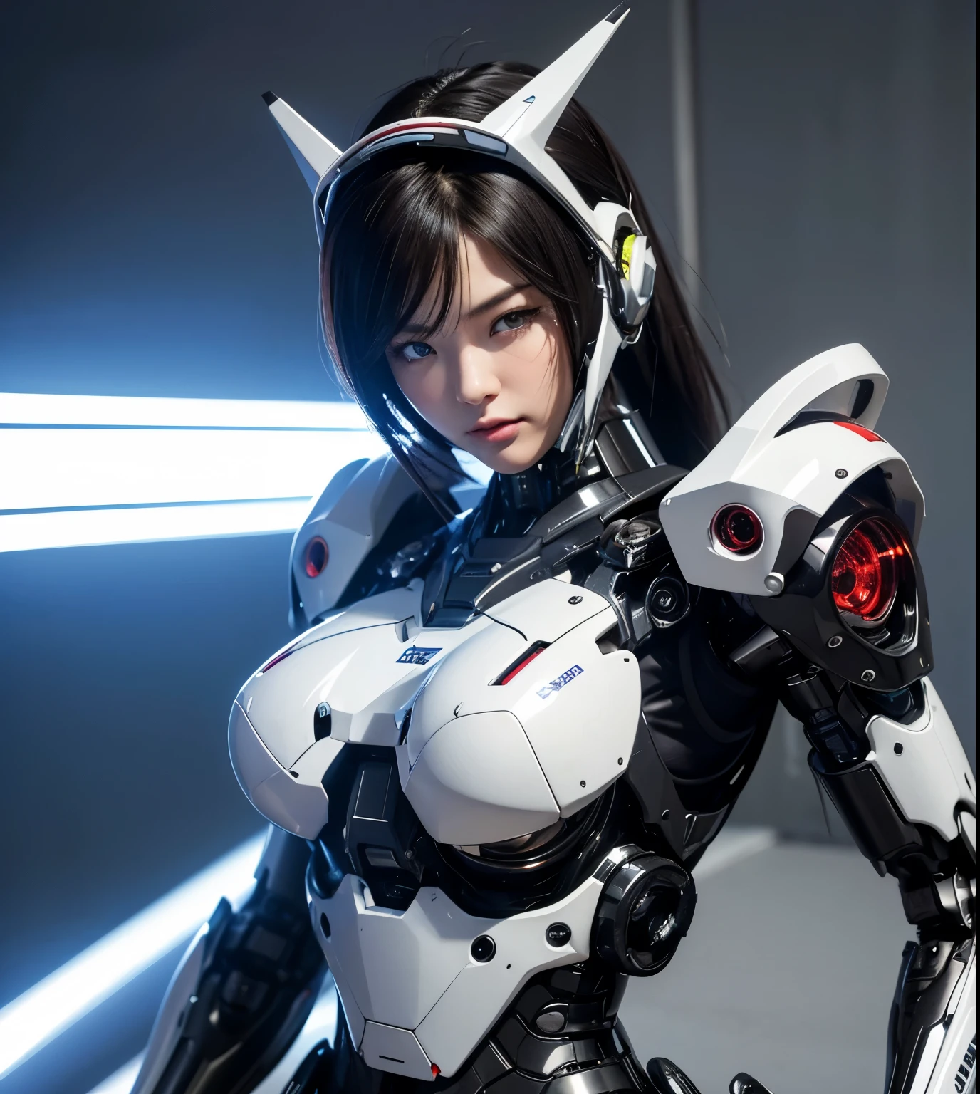 Textured skin, Super Detail, high details, High quality, Best Quality, hight resolution, 1080p, hard disk, Beautiful,(cyborg),Oppai Missile,beautiful cyborg woman,Mecha Cyborg Girl,Battle Mode,Girl with a Mecha Body,She wears a battle cyborg mech with a weapon,Fulll body Shot,A powerful cyborg woman, sleek and futuristic, with advanced mechanical augmentations that enhance her strength and capabilities, but without any overtly aggressive or violent elements