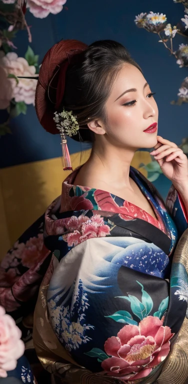 (Masterpiece, Best Quality:1.3), (thick lineart), (faux traditional media), highres, official art, best illustration, (8k resolution), oiran, 1girl, mature female, solo, japanese clothes, from above, breasts, obi, stylish, intricate, fantastic, fairytale, fantasy art, (detailed face), lying on a bed of flowers, on back, (lovely eyes, looking at viewer, lipstick), very long hair, voluminous, low ponytail, depth of field, silhouette, perfect, makeup, lovely, (details:1.2), camellia, various colors, vivid, colorful, shiny, sky, stars, lumen global illumination, (background in the style of Hokusai Katsushika:1.3), water, ripples
