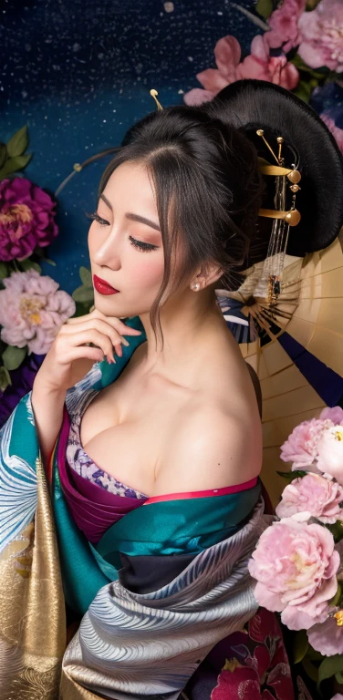 (Masterpiece, Best Quality:1.3), (thick lineart), (faux traditional media), highres, official art, best illustration, (8k resolution), oiran, 1girl, mature female, solo, japanese clothes, from above, breasts, obi, stylish, intricate, fantastic, fairytale, fantasy art, (detailed face), lying on a bed of flowers, on back, (lovely eyes, looking at viewer, lipstick), very long hair, voluminous, low ponytail, depth of field, silhouette, perfect, makeup, lovely, (details:1.2), camellia, various colors, vivid, colorful, shiny, sky, stars, lumen global illumination, (background in the style of Hokusai Katsushika:1.3), water, ripples