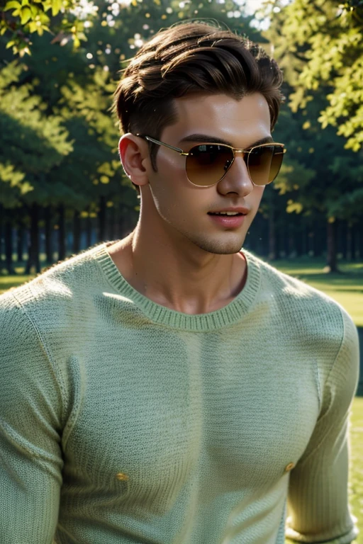 best qualtiy， Ultra-high resolution， （realisticphoto：1.4, perfect lightning，tall, a young man,  brood shoulders, beautiful eyes, pointed nose, kissable lips, wolf cut hair, wearing a green sweater, white jeans, clear sunglasses, laughs, park
