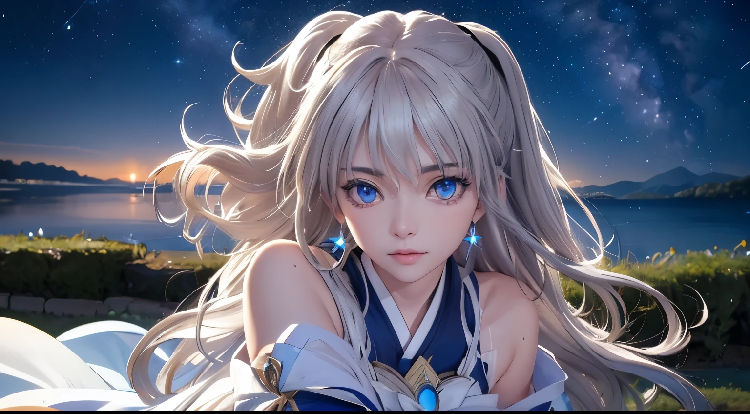 Nao Tomori/(Charlotte/), anime style, 1girl Focused, (close up face Photography)!!, UHD, masterpiece, high quality, high details, best quality, highres, HD, 4K, depth of field, light over face, symmetry, Hasselblad, an extremely delicate and beautiful, extremely detailed, Amazing, finely detail, masterpiece, best quality, official art, Highres, incredibly Highres, huge filesize, ultra-detailed, highres, extremely detailed, beautiful detailed girl,  female focus, mature female, (sexy Asian female:1.45), adult, ultra white skin, delicate face, delicate skin, realistic skin, make over face, (looking at viewer)!!, (curvy hair with double tied up)!!, (bare shoulders)!!, blush, closed mouth, seductive smile, fresh lips, detached sleeves, earrings, fingernails, hair between eyes,  White hair bangs, (ultra shine white hair)!!, very long hair, detailed realistic hair, nontraditional Nao Tomori, (sharp eyes)!!, (eye's pupils colored by Blue:1.25)!!, (homochromatic eyes)!!, (exposed eyes)!!, Fantasy art, starlit city, starry night, fantasy world, Mystycal Sky, celestial beauty, enchanted evening, magical scenery, dreamy vista, futuristic fantasy, mystic mountains, night sky magic, fairy tale setting, cosmic view, mytichal city, ethereal night, fantasy journey, legendary land,  (1girl sleep at waterpoll)!!, (Close up face photography)!!!, Nao Tomori/(Charlotte/), (correct anatomically)!!