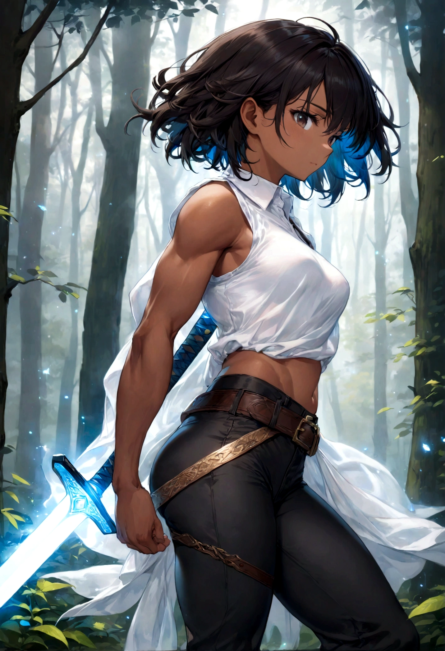 (a high resolution, perfect pixels, Brilliant image), (Best quality, ethereal: 1.4). one, Young woman, dressed in a light white shirt and dark, slightly tight trousers, A sword hangs from his belt, dark skin, big ass, athletic body, dark short hair, In the woods