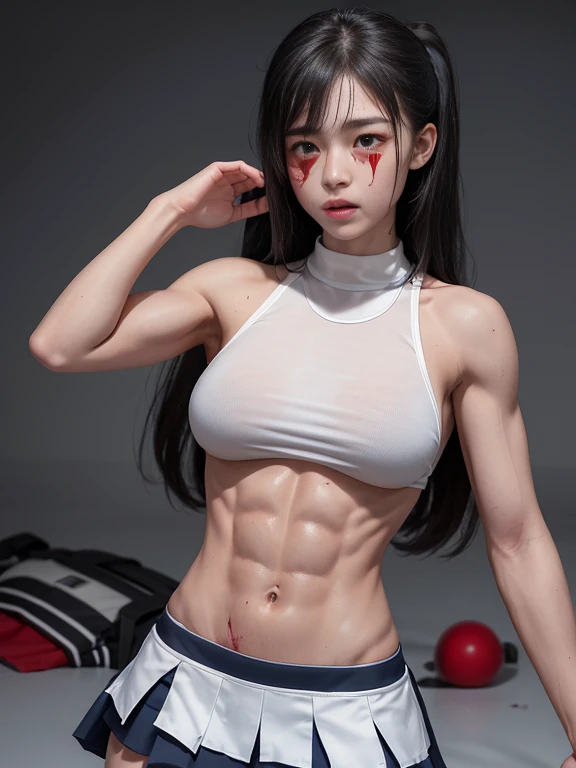 The school uniform girl with eight-pack abs had her abs blown up,Visible abdominal muscles,Defeat and injury,Abdominal muscle swelling and bleeding,Covered in blood,Painful expression,Abdominal muscle injury,Full of scars,Bruising, redness and swelling