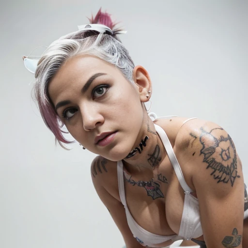 Beautiful punk woman with a coloured Mohawk and shaved underside hairstyle, ((( face))), (((little bikini))), (((torn bra))), piercings, ((tattoos)), intense eye contact, (((((white eyes))))), face and upper body image, pink hair, ((((full body view)))), (((cuerpo completo))), (((gigant boobs))), ((front view)), ((front look))