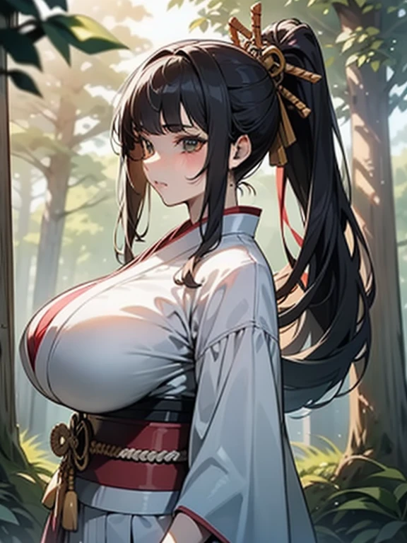 {{{masterpiece}}}, {{{best quality}}}, {{Extremely detailed}}, {movie lighting}, {illustration}, {Beautiful and delicate eyes}, {1 Girl}, Very detailed, 1 Girl, Solitary,  A beautiful samurai warrior, Black hair tied into a long ponytail, Wearing a white and black kimono, warrior, Serious, Brown eyes, Huge breasts, Hourglass figure, For the audience, outdoor, Woodland Background, Very detailed face and clothing, Slightly narrowed eyes, Perfect face, White skin, Hair bangs, long hair, Cowboy shooting, Noble and beautiful, Japanese traditional clothing, Samurai woman, side view , Huge breasts (((Full breasts,)))(((Large Breasts))) Expose((Cleavage)), 