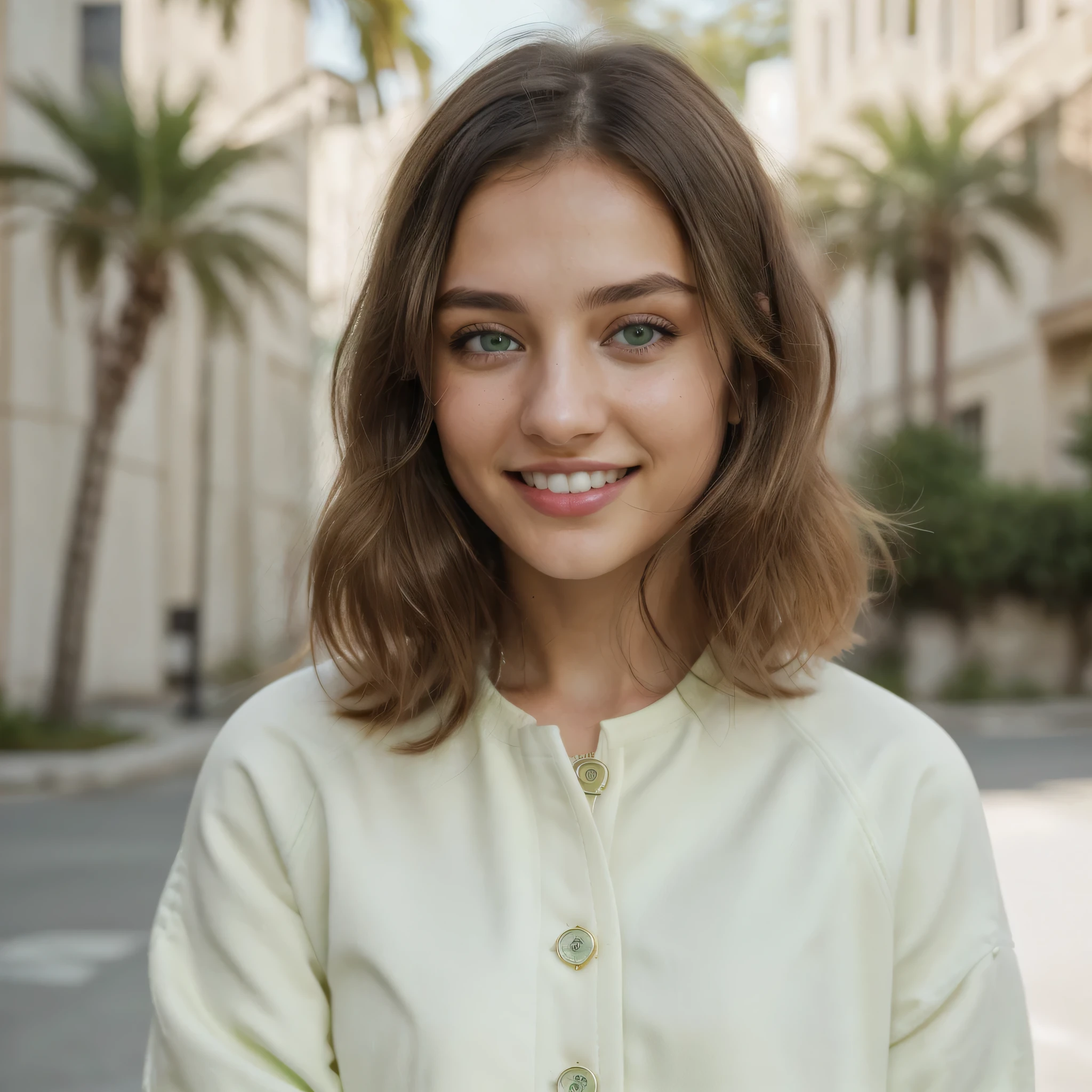 (8k, highest quality, ultra detailed:1.37, mid-range image), 1girl, white teethes, wide open eyes, 18yo, green jacket, light green eyes, small head, acne,bad skin,small nose, acne skin, real, thick hair, super realistic detailed eyes, super realistic detailed teethes, Palestinian women, modest, attractive smile, white teeth, showcases her unique fashion sense in a trendy setting. The high-resolution image captures ultra-detailed realism, highlighting confident pose, captivating eyes, big eyes, and flawless complexion.