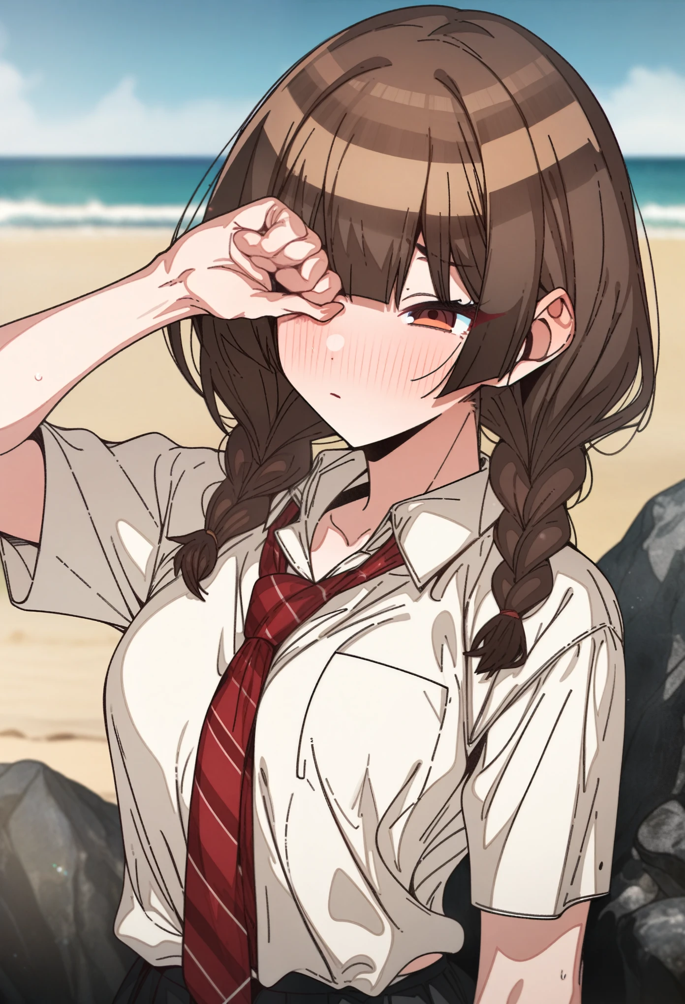 houshou_marine with brown hair and brown eyes, Artist, erere, Copyrights, idolmaster, idolmaster_shiny_colors, Character, General, 1girl, brown_hair, blunt_bangs, blush, medium_breasts, breasts, detailed eyelashes, beatiful girl:1, brown_eyes, censored, school_uniform, black pleated skirt, black blazer, white shirt, red tie, twin_braids, :|:0.5, (full_body) (standing in middle, beach, rocks), sky:0.7, half-closed_eyes, detailed, sand, outdoors, from_side, looking_at_viewer, masterpiece, best_quality, great_quality, girl, solo, center_composition, centered character, cute, ((rubbing_eyes, sleepy))