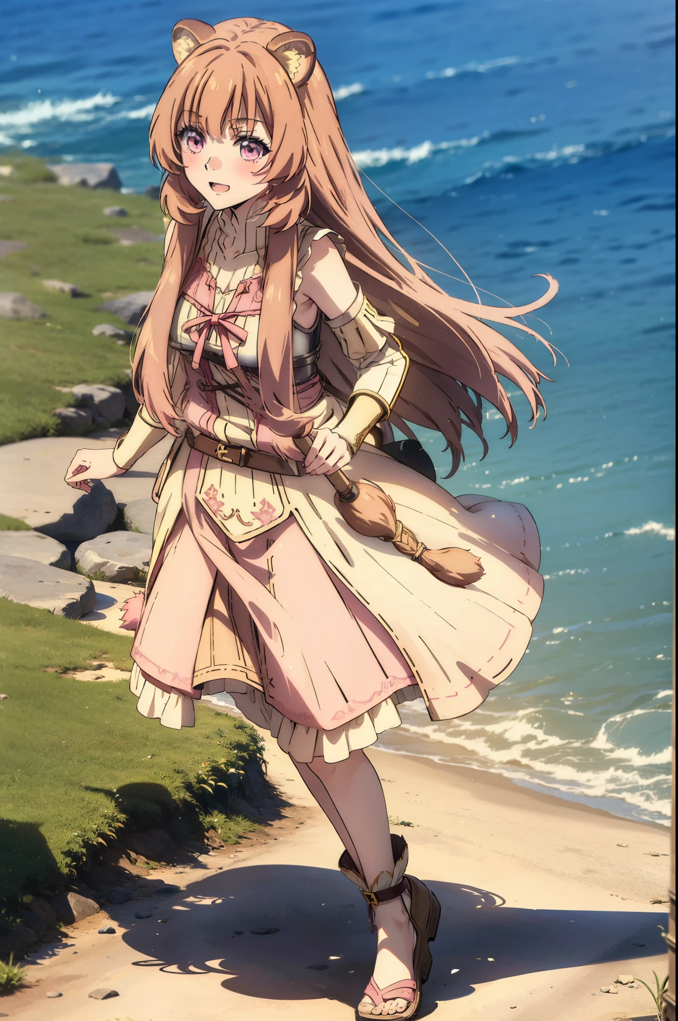 Raphtalia, Raphtalia, Long Hair, bangs, Brown Hair, Animal ears, Raccoon Ears, Raccoon Tail, Raccoon Girl, (Pink Eyes:1.3), happy smile, smile, Open your mouth,White sleeveless dress,Bare arms,White long skirt,Cute Sandals,Walking,whole bodyがイラストに入るように,Daytime,Clear skies,
break outdoors, garden,Large Lake,Building district,
break looking at viewer, whole body,
break (masterpiece:1.2), highest quality, High resolution, unity 8k wallpaper, (figure:0.8), (Beautiful fine details:1.6), Highly detailed face, Perfect lighting, Highly detailed CG, (Perfect hands, Perfect Anatomy),