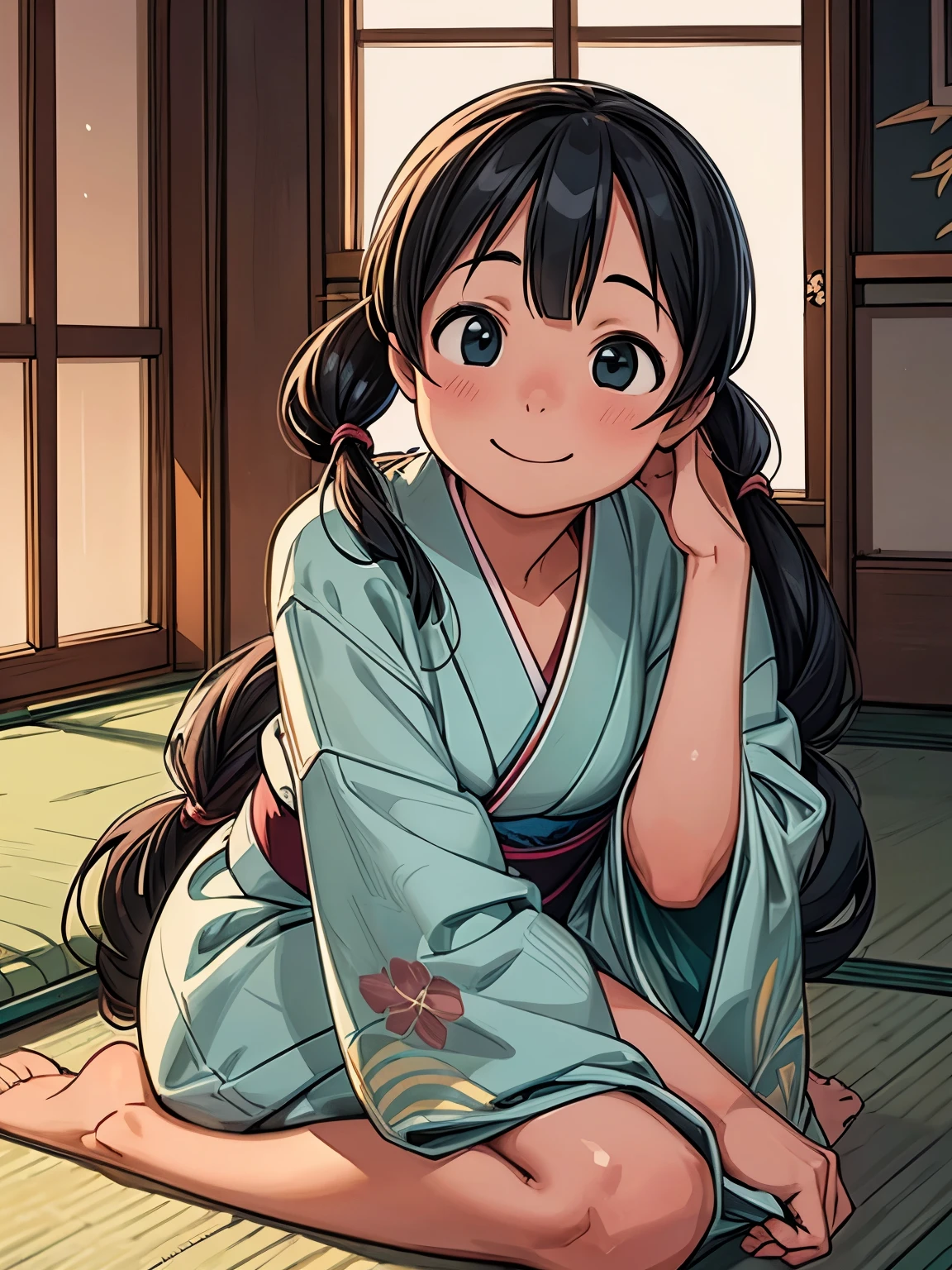 (masterpiece、highest quality、highest quality、Official Art、Beautiful and beautiful:1.2)、(One girl:1.3)Hatsune Miku、Twin tails,Beautiful breasts,winter new year event announcement poster, (highest quality,Realistic),alone,Beautiful Japanese Women,Traditional Kimono,Natural posture,優しいsmile,Impressive Gaze,Traditional hairstyle,Tatami room at dusk,Sit by the window,Illuminated by the city lights,(Attractive pose),Professional Photographer,Shallow depth of field,Backlight, Leaning forward, In a pose like sitting upright facing forward., Place your hands on the floor, Tilt your head and look up, smile, I want to thank all the viewers
