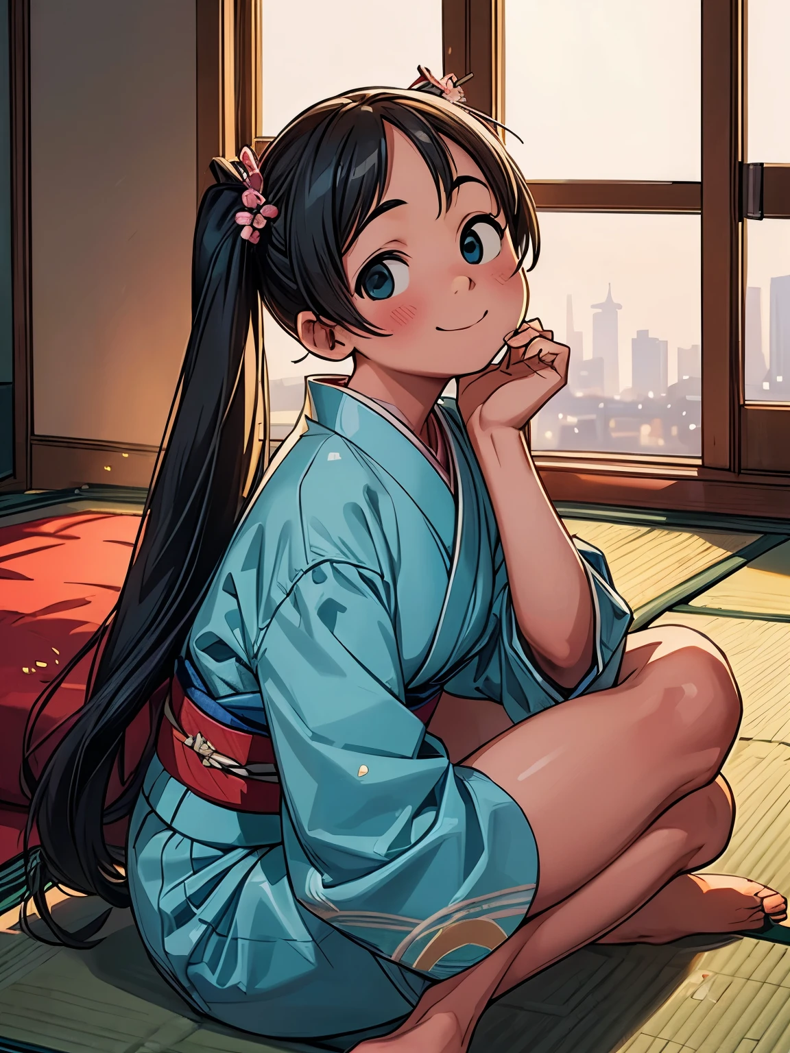 (masterpiece、highest quality、highest quality、Official Art、Beautiful and beautiful:1.2)、(One girl:1.3)Hatsune Miku、Twin tails,Beautiful breasts,winter new year event announcement poster, (highest quality,Realistic),alone,Beautiful Japanese Women,Traditional Kimono,Natural posture,優しいsmile,Impressive Gaze,Traditional hairstyle,Tatami room at dusk,Sit by the window,Illuminated by the city lights,(Attractive pose),Professional Photographer,Shallow depth of field,Backlight, Leaning forward, In a pose like sitting upright facing forward., Place your hands on the floor, Tilt your head and look up, smile, I want to thank all the viewers