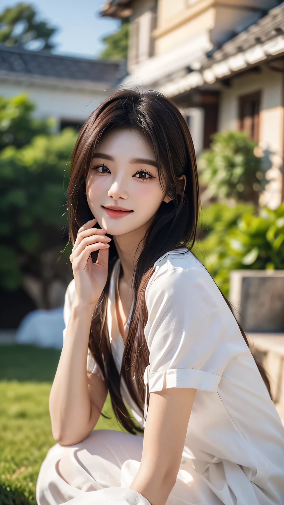 ​masterpiece、top-quality)、1 beautiful girl, (Detailed beautiful eyes), ((Detailed skin)) , ((Detailed medium hair)), in the white villa、((Boyish Brown Medium Hair))、((Smaller face))、((Neutral face))、((Face seen from the side))、((Light brown eyes))、((Korean Girl))、((18year old))、((shirt and short))、((A shy smile on his face))、((Korean Makeup))、((elongated and sharp eyes))、((Happy dating))、((boyish))、((Shot from the same height as your face)、full body , RAW photos, on the white villa ), ((CG rendering)), ((Blurred background)), ((16K)),  ((Very detailed)), ((wallpaper)), ((depth of field)), ((movie light)), (( Ray tracing)).