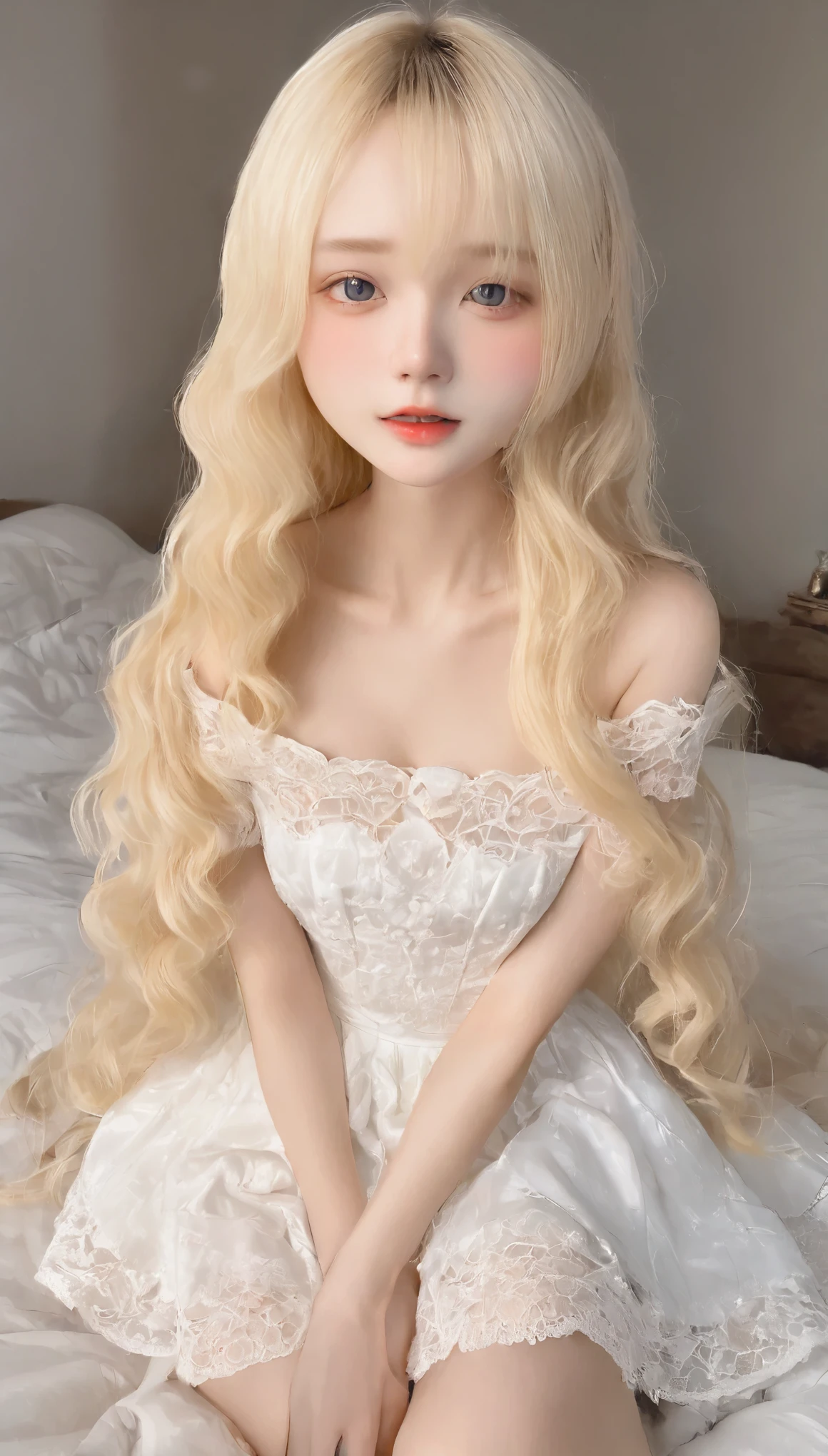 Cinema Lighting, so beautiful、Realistic professional photo of a young, skinny Caucasian girl, (()), She has the face of a beautiful girl, Very detailed_pupil、Beautiful Eyes、Work as a maid, Lace front、She is wearing an elaborate off-the-shoulder short white dress.., (Long blonde wavy hair:1.5), Slim and feminine body, Appetizing appearance, Tight waist, barefoot, Velvety Skin, Shy and anxious, In a romantic bedroom, Sit on the edge of the bed,