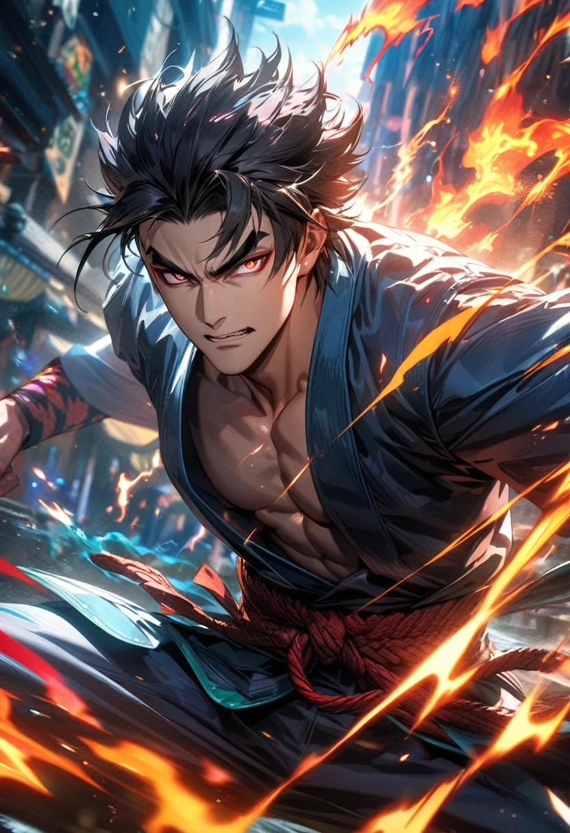 absurdres, highres, ultra detailed, HDR, masterpiece, extremely detailed face and eyes, Jin Kazama, Tekken,colorful Black hair , , solo, man, handsome, , , Epic fight scene, colorful flames splashing effect,colorful lightning  effect,glowing glitters 
