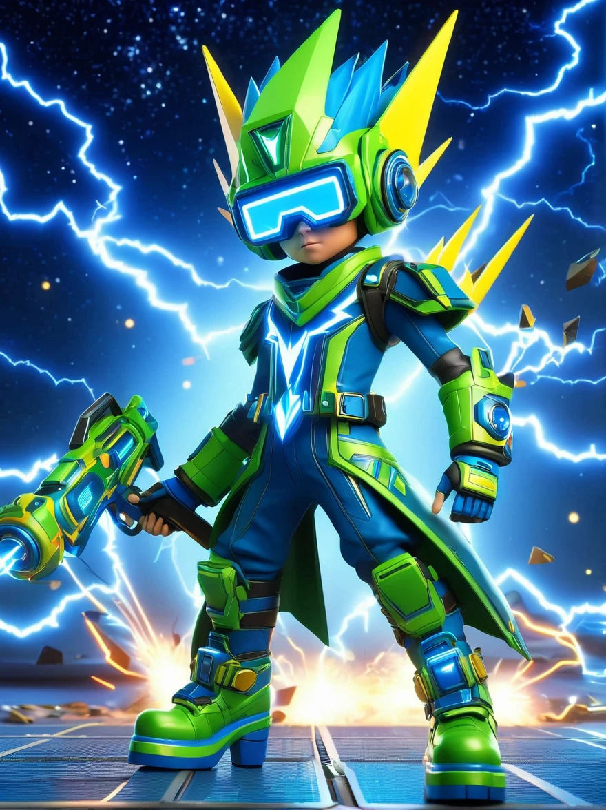 1boy, solo, Lightning energy，Electricity elements，Wearing a pointed headdress，Wearing large rectangular glasses，Blue Highlight Lightning，Wearing bright blue and green square clothing，High heel boots，Holding an electric weapon，Space starry sky background，Galactic battleship，Fighting Stance，Explosion，Best quality，Original，whole body，Cartoon Style，3D character rendering，Created with C4D and Blender，precise，Blind box toy style，Super Detail，Anatomically correct，masterpiece, 1djxz1