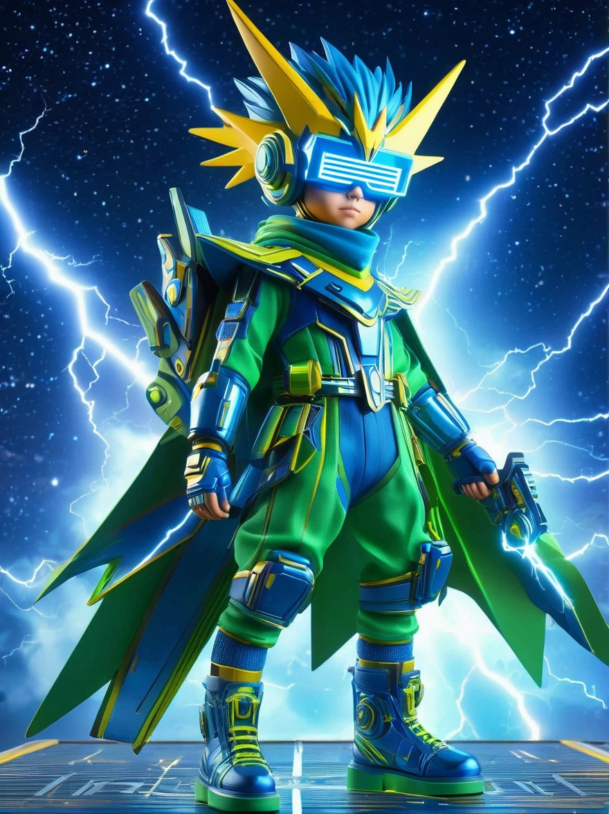 1boy, solo, Lightning energy，Electricity elements，Wearing a pointed headdress，Wearing large rectangular glasses，Blue Highlight Lightning，Wearing bright blue and green square clothing，High heel boots，Holding an electric weapon，Space starry sky background，Galactic battleship，Fighting Stance，Explosion，Best quality，Original，whole body，Cartoon Style，3D character rendering，Created with C4D and Blender，precise，Blind box toy style，Super Detail，Anatomically correct，masterpiece, 1djxz1