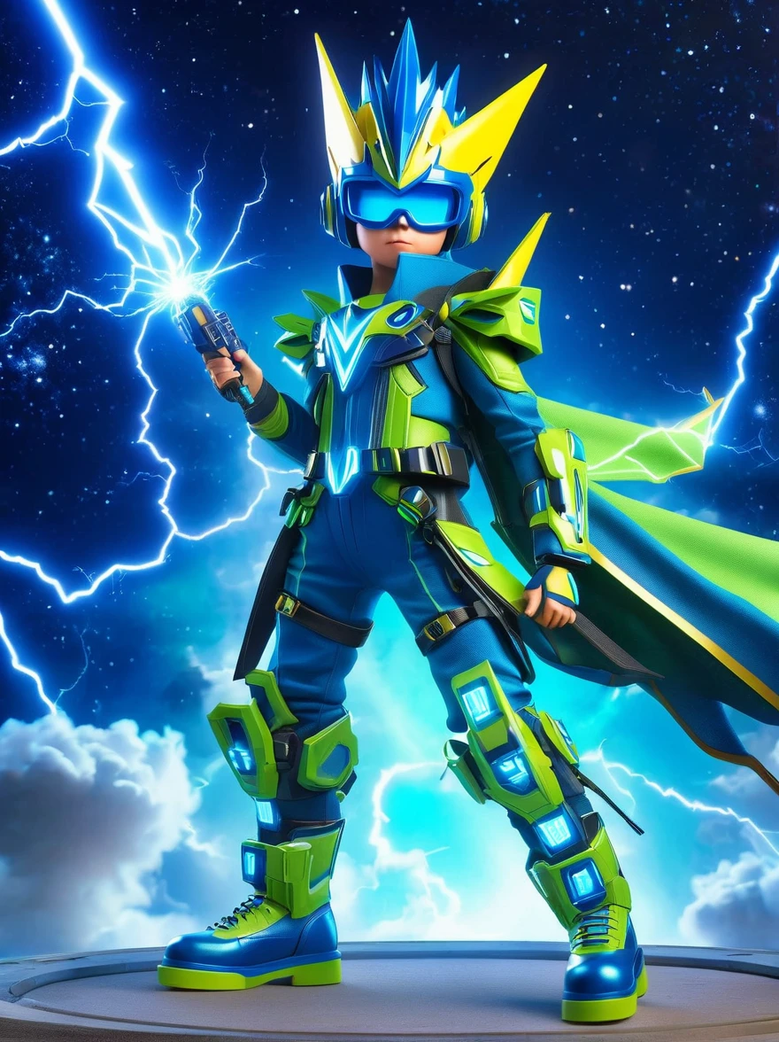 1boy, solo, Lightning energy,Electricity elements,Wearing a pointed headdress,Wearing large rectangular glasses,Blue Highlight Lightning,Wearing bright blue and green square clothing,High heel boots,Holding an electric weapon,Space starry sky background,Galactic battleship,Fighting Stance,Explosion,Best quality,Original,whole body,Cartoon Style,3D character rendering,Created with C4D and Blender,precise,Blind box toy style,Super Detail,Anatomically correct,masterpiece, 1djxz1