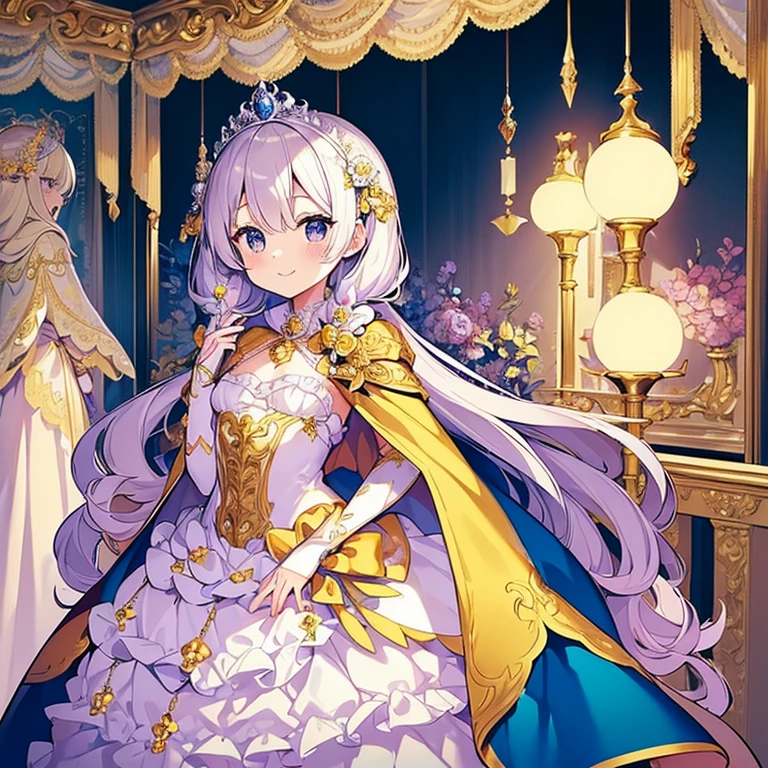 looking at viewer,(kawaii),(best quality),(ultra detailed), upper body,(rococo style),(long train pastel yellow cape:1.15), very long cape,(long train white ball gown with flower decorations:1.1), a girl is wearing a cape over her gown, 1 little princess, tiara, smile, very long hair, small breasts