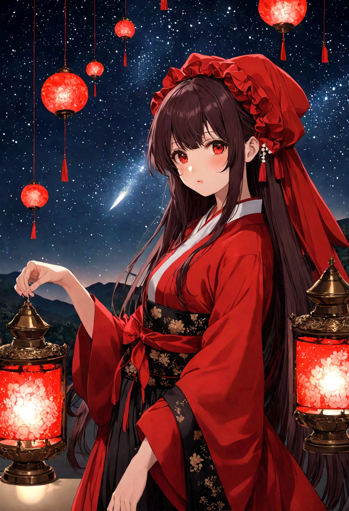 Reimu Hakurei,charming,Night Sky,lamp,Many bright stars,A lot of meteors,top quality, masterpiece,Black and red mixed clothing,