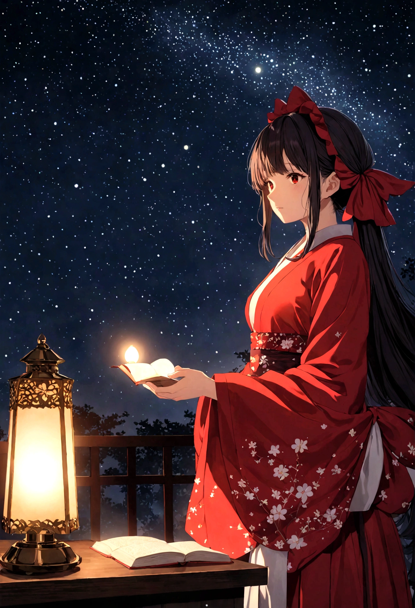 Reimu Hakurei,charming,Night Sky,lamp,Many bright stars,A lot of meteors,top quality, masterpiece,Black and red mixed clothing,