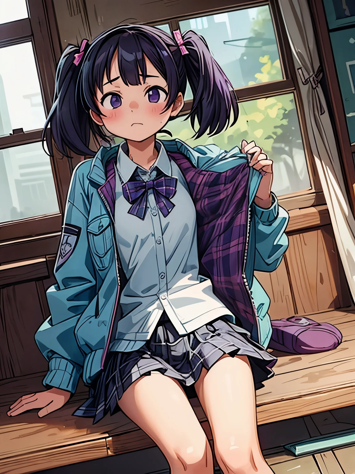 (masterpiece、highest quality、highest quality、Official Art、Beautiful and beautiful:1.2)、(One girl:1.3)Hatsune Miku、Twin tails,Beautiful breasts,Suck it up, Asymmetrical bangs, Blunt bangs, Diagonal bangs, (Purple eyes:1.1), Purple Hair, Twin tails, , Jacket, green Jacket, (Jacket partially removed:1.5), shirt, collared shirt, white shirt, bow, blue bow, skirt, Plaid, Plaid skirt, pleated skirt, short skirt,blush、skirtをめくった、Black panties
