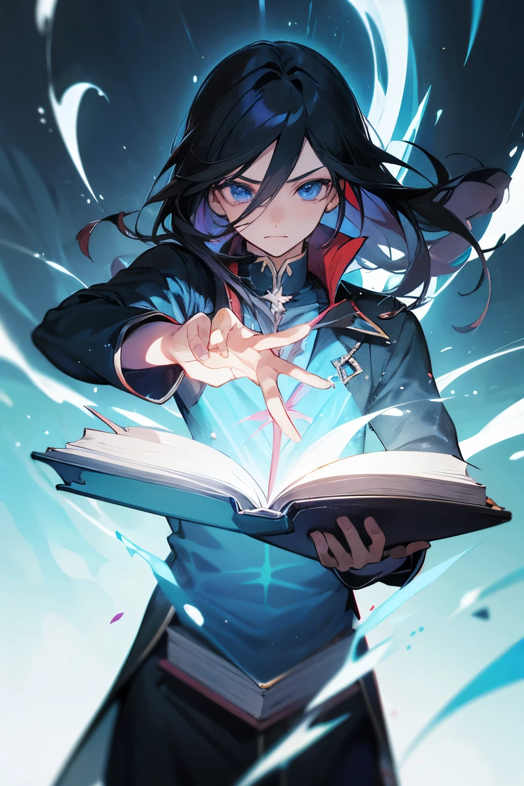 male rpg protagonist, cabello negro,magia,ojos azules,magia de ataque,Fancy,magia de fuego,tener un libro,show,