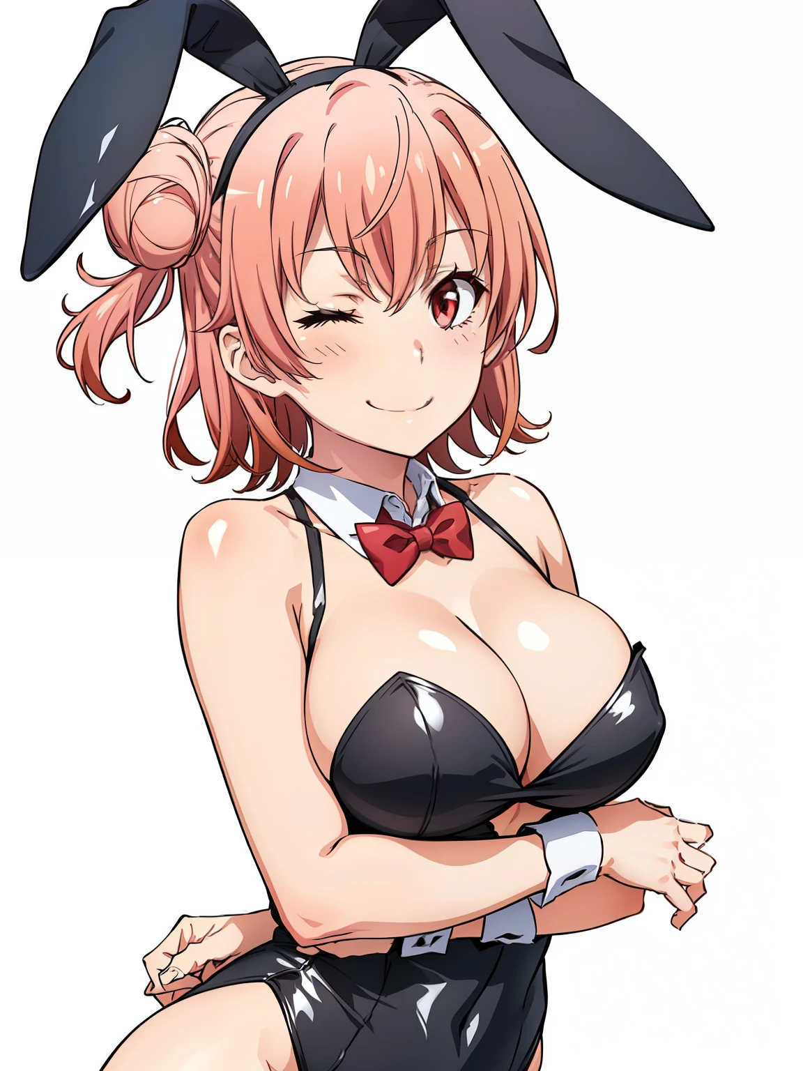 ((masutepiece, Best Quality, hight resolution, nffsw, Perfect Pixel, depth of fields, 4K, )), 1girl in, Solo, , Beautiful anime girl, Beautiful Art Style, close up, Looking at Viewer, Perfect body, Yuigahama Yui, Short hair, pink hair, hairbun, (large boob), cleavage, black playboy bunny, red bowtie, smiling, winking, wink, one eye closed, hugging, blank white background, cowboy shot