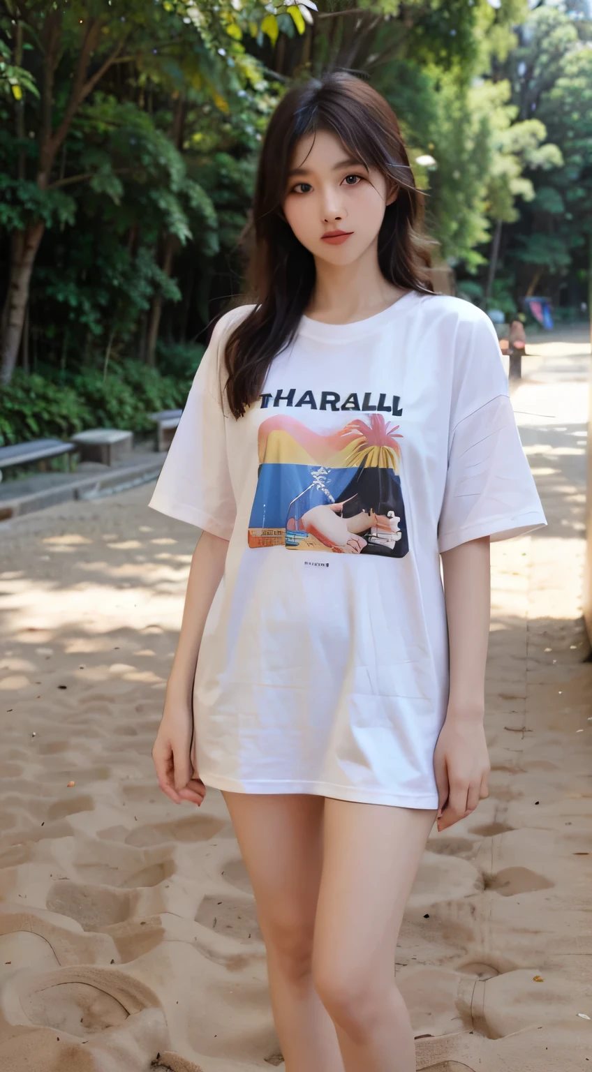 (Oversized_Shirt:1.2)、Oversized_Shirt、
Good Hand、4K、hight resolution、​masterpiece、top-quality、((Hasselblad photo))、sharp focus、(cinematlic lighting)、beautiful  lighting、dynamic ungle、[:(Detail Face:1.2):0.2]、Very pretty woman、Women of short stature、、Attractive paws、Emphasis on the thighs、thick thight、Beautiful legs、Ecchi thighs、Short white shirt、Healthy complexion、Looks like, standing on the beach, confused face