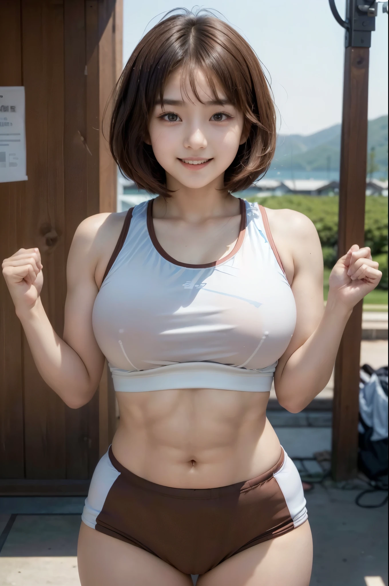 ((Ultra-high resolution photos)), (highest quality:1.2), (Perfect Beautiful Face 1.2), (Perfect and beautiful posture:1.2), (A Japanese Cute girl), (round face:1.2), (Heavyweight athletes), (cute face), Short woman, ((Big and ample breasts:1.2)), ((Big Ass)), Slim Muscular body, ((Brown Short Bob Hair:1.2)), Sharp eyes, Looking into the camera, (((sportswear:1.2))), ((Small Head:1.5)), random sexy pose, joyful laugh,