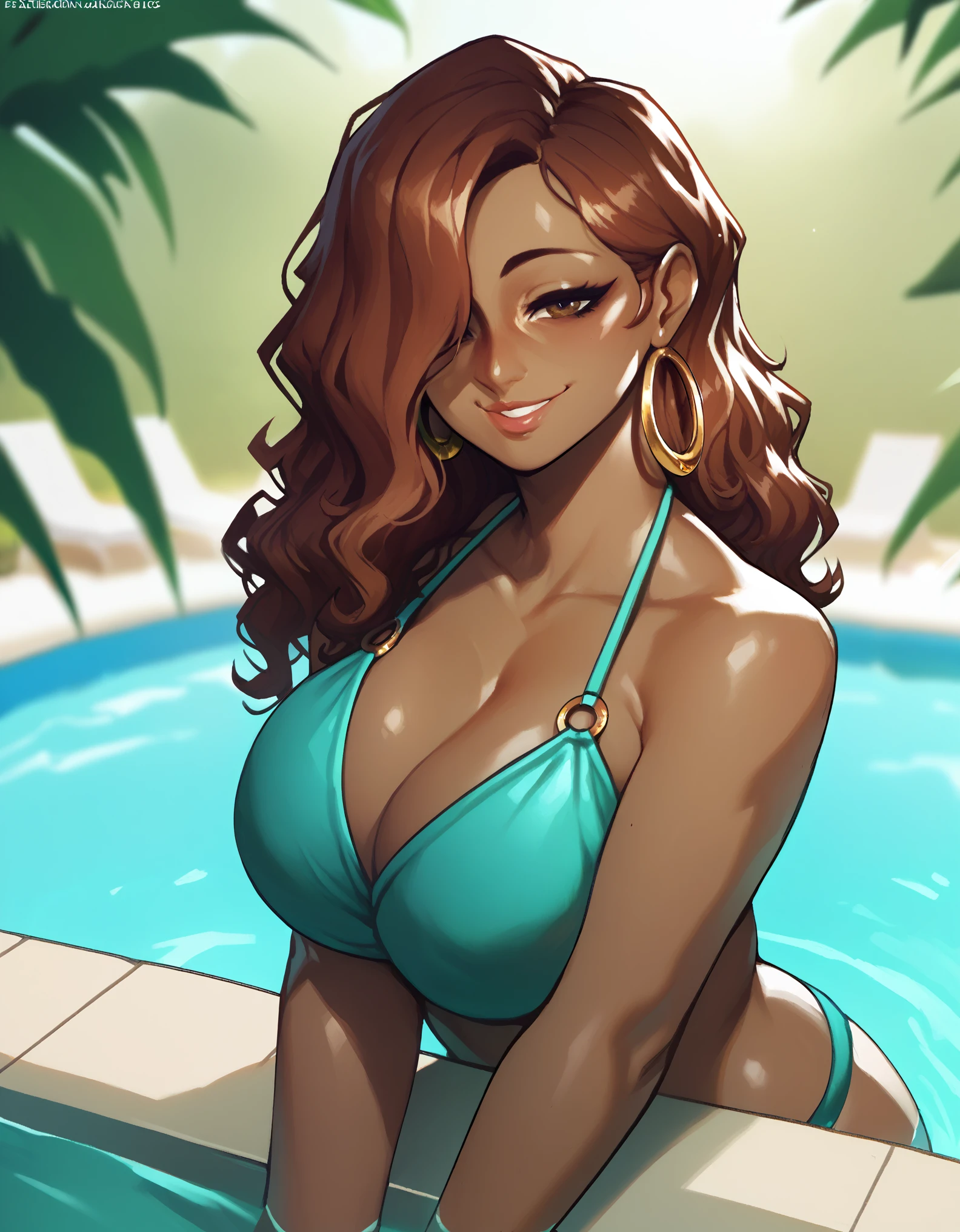 score_9, score_8_up, score_7_up, score_6_up, score_5_up, score_4_up, ((low depth of field)), , (beautiful landscape), BREAK woman sitting in a pool, 1girl, MILF, dark-skinned female, large breasts, brown eyes, brown hair, wavy hair, hair over one eye, hoop earrings, bikini, looking at viewer, gentle smile, dramatic lighting, warm lighting.
