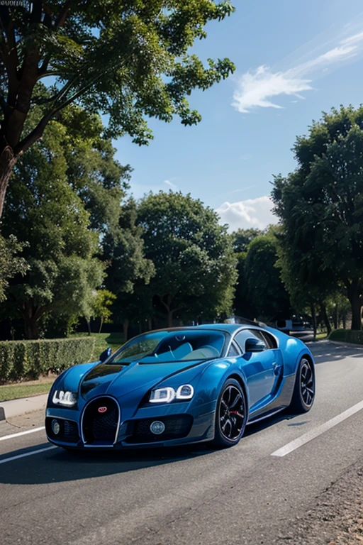 An blue bugatti car moving on road