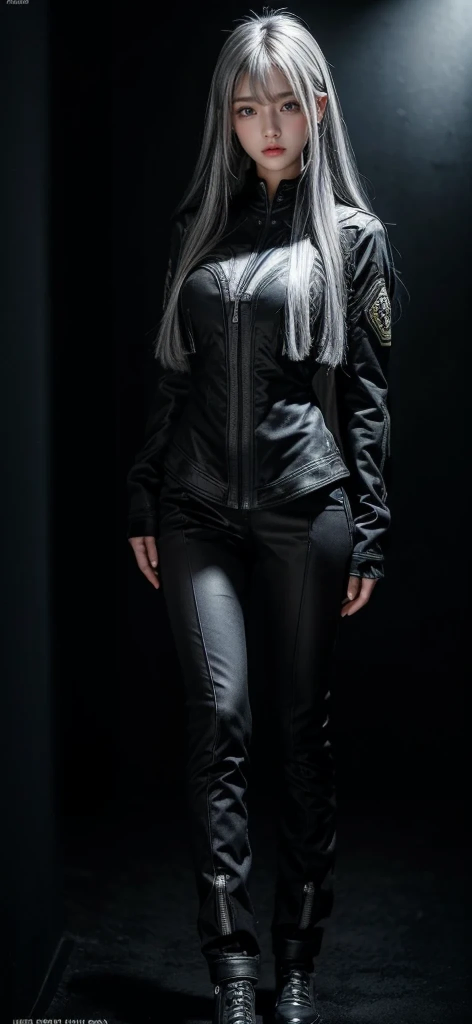 Military Uniforms,pants,black military uniform,whole body,Height: 168cm,almond shape eyes,{{{{{silver eyes}}}}},{{{{{dull bangs}}}}},(slanted eyes},{{whole body},{{{1 girl}}}, long hair, straight hair,{{{{silver hair}}}},{{{tsurime}}},30 years old,{Medium chest},{{bush}},silver eyes,{{{masterpiece}}}, {{{highest quality}}}, {{Super detailed}}, {shape}, {{very delicate and beautiful}},very detailed,detailed perfect,detailed hyper,Abundant thighs,big ass,black clothes