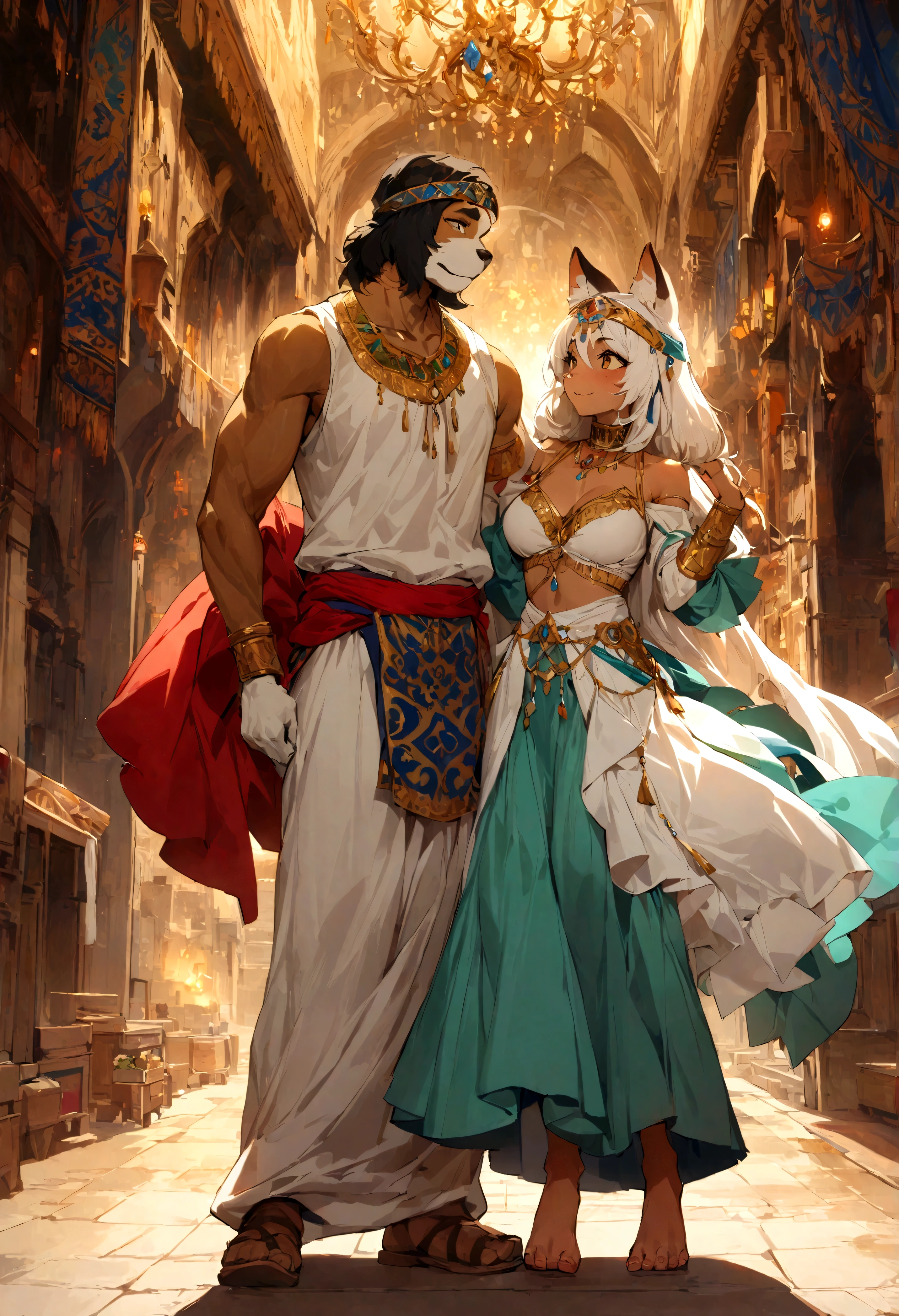 movie poster, highres, top quality, best quality, paid reward available, unparalleled masterpiece, perfect artwork, absurdres, High-quality illustrations, super high resolution, detailed background, perfect anatomy(1girl, 1boy, couple, kemono, furry anthro, fearless smile, Arab national costume, love romance)The Arabian Nights, Alf Laylah wa Laylah,