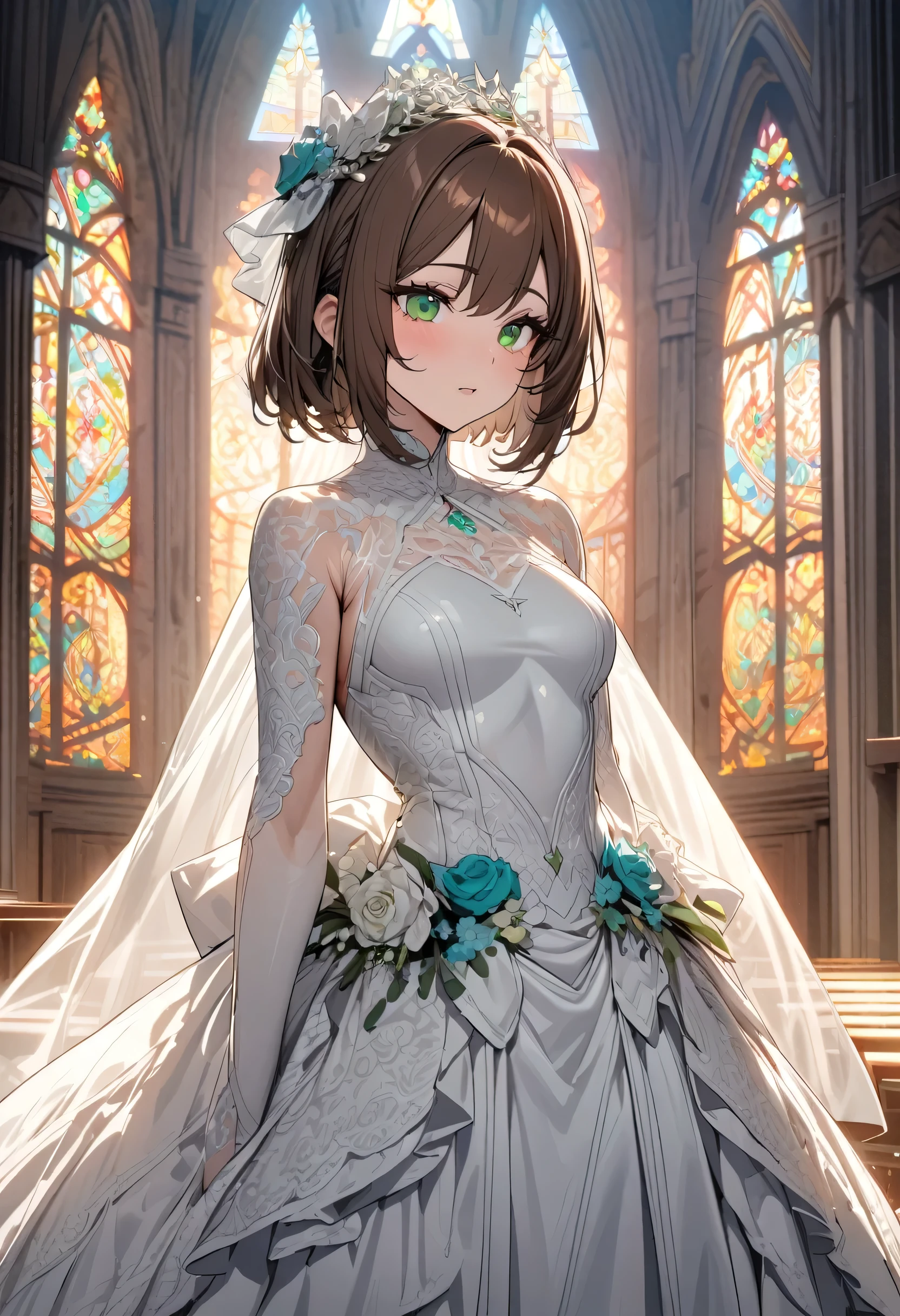 ((make-up style)) (solo bob brown hair short hair immensely beautiful bride woman, beautiful green eyes), (in the detailed Chapel), (detailed divine background), standing wait, BREAK, perfect anatomy, masterpiece, best quality, 16k, beautiful detailed grow, daydreaming expression.