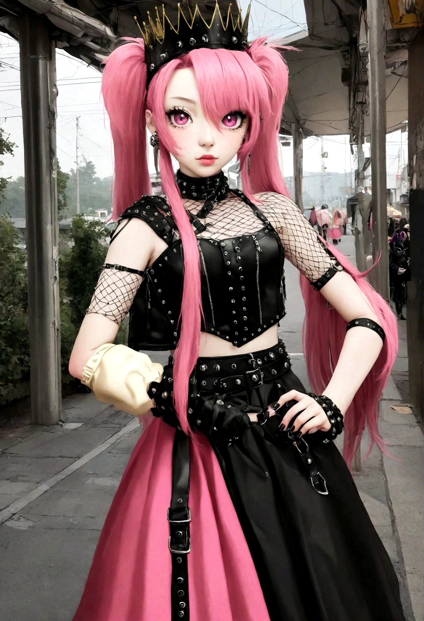 araffe girl Mit rosa Haaren and a crown on her head, in Punk-Kleidung gekleidet, in Crustpunk-Kleidung gekleidet, Anime Girl Cosplay, Cybergoth, ein Punk-Outfit tragen, Kerli Koiv als Anime-Girl, 1 7 - - old me - gothic - girl, belle delphine, Anime-Costume, Mit rosa Haaren, Anime girls in real life, punk girl