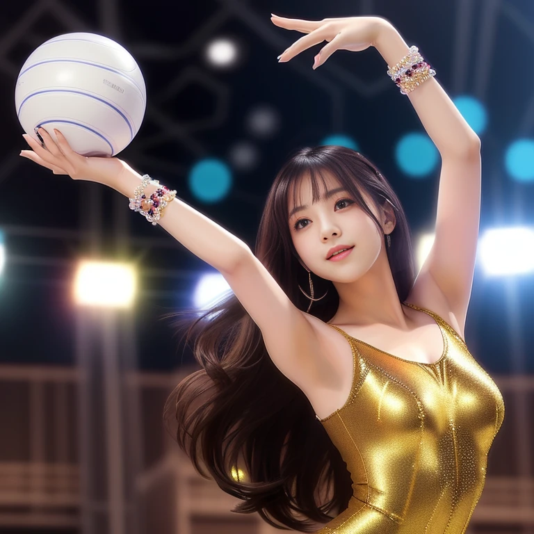 Photo-realistic quality、A 20-year-old idol woman wearing a white leotard, Real young gravure idol, A young and cute gravure idol、She is performing rhythmic gymnastics with a ball.、looking at the camera、A soft and gentle look