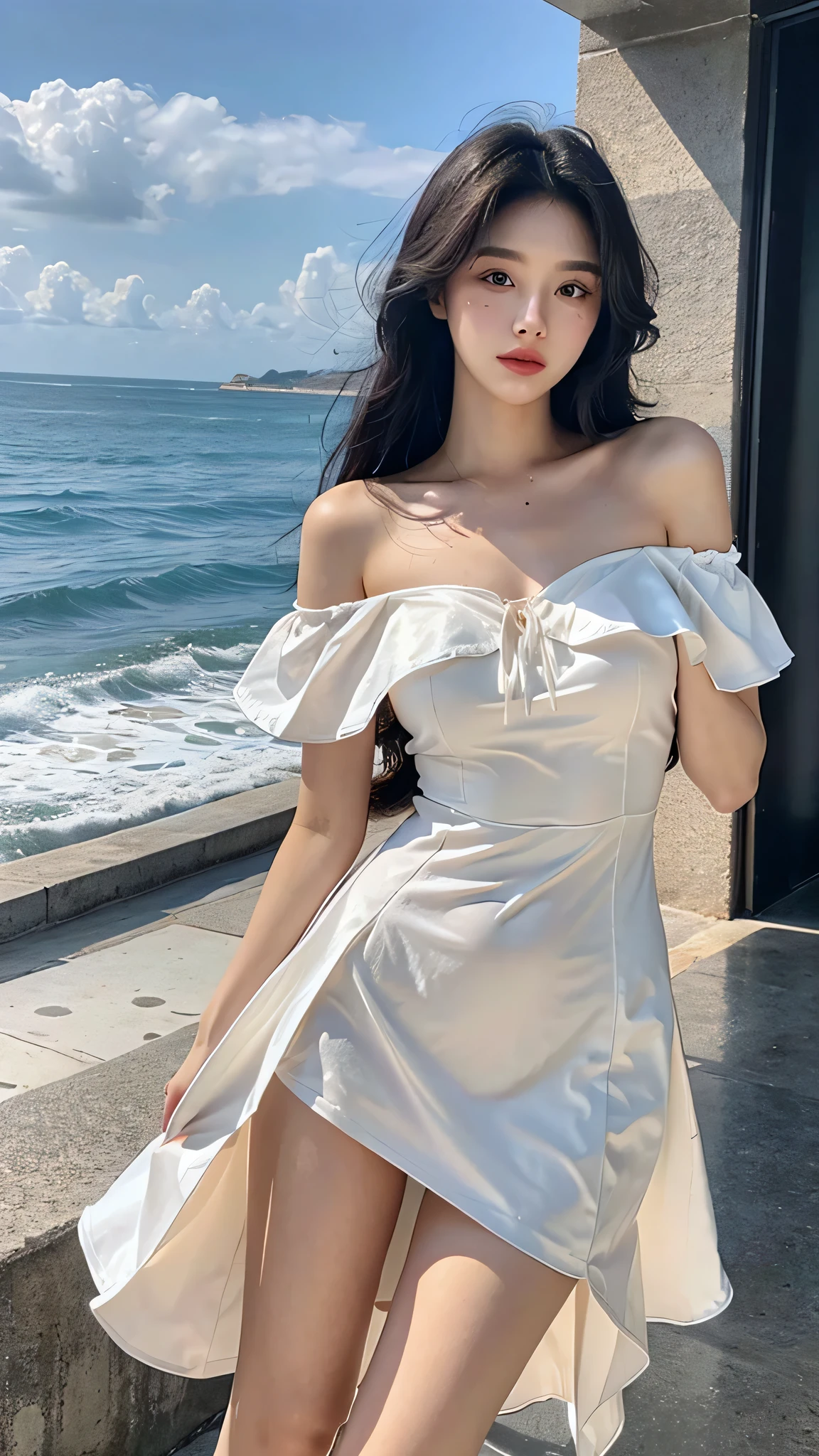 A sweet girl by the sea,voluminous hair,Delicate face,Photorealsitic,of a real,largeaperture,wears a white dress,A cropped dress,Off-the-shoulder,A dress around the neck,Slim,sexy for,Ultra-high resolution