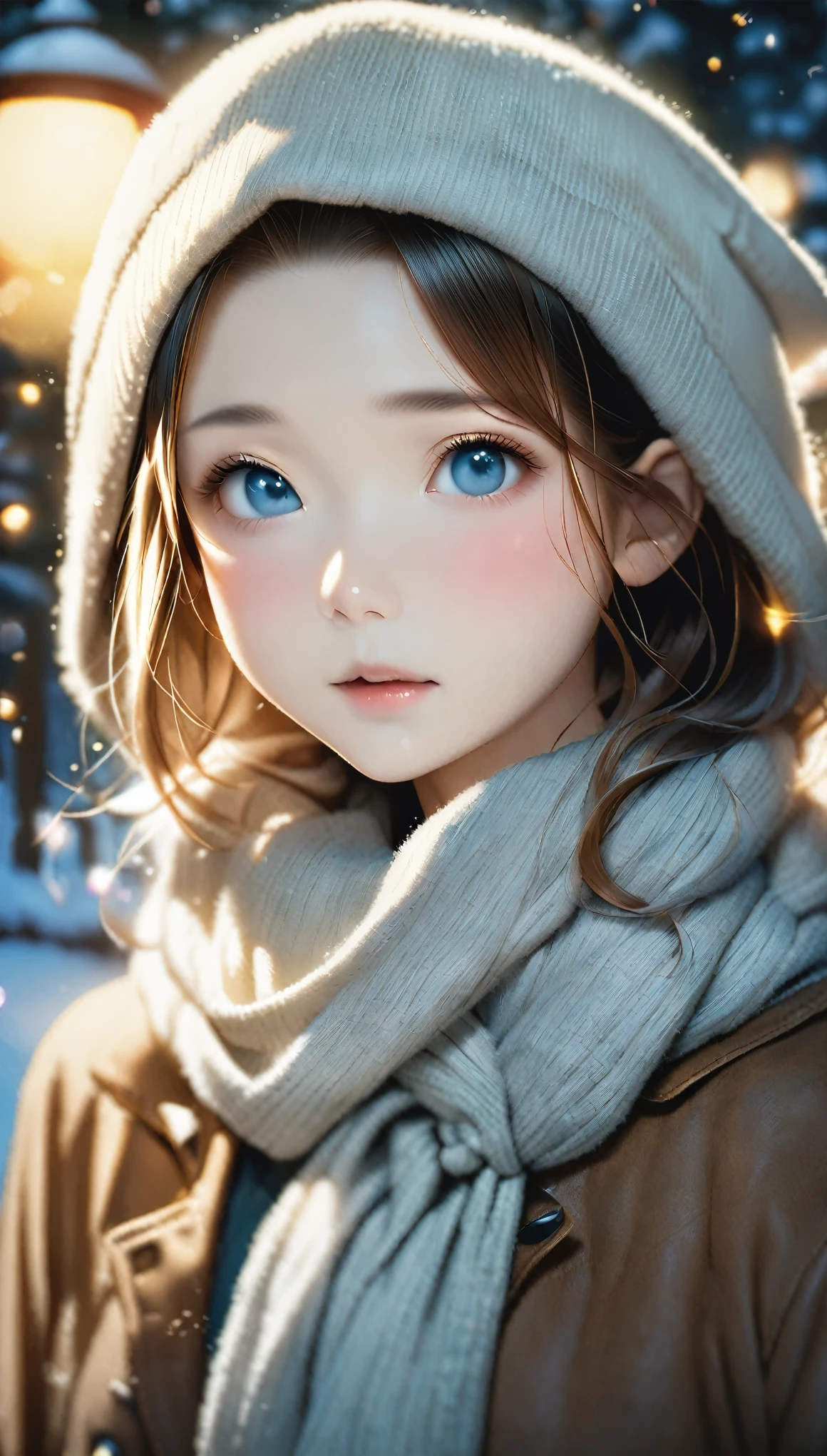 RAW Photos、Realistic、highest quality、masterpiece、、A girl wearing a duffle coat and an onahole、Luxury brand duffle coat、Brightly colored scarves、((Hair in the scarf:1.3))、cold夜、Red cheeks、breathe、minus３０The world of degrees、Diamond dust、月明かりに輝くDiamond dust、Deep in the forest、Full moon night、かわいいface、Very detailed_face_eye、cold、Alaska Night、Starry Sky、