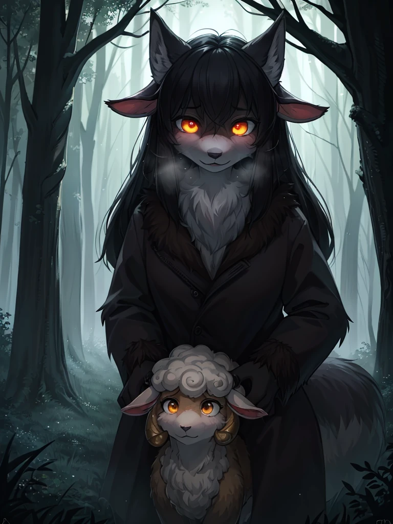 Hallucination, daydream , Fear , Fantastic , bokeh , hairy fur , haunted foggy forest , female wolf , heavy rain , with sheep in the dark , steamy breath , Predator Eyes , can not stand it any longer , (Attacking sheep that have wandered into the forest)