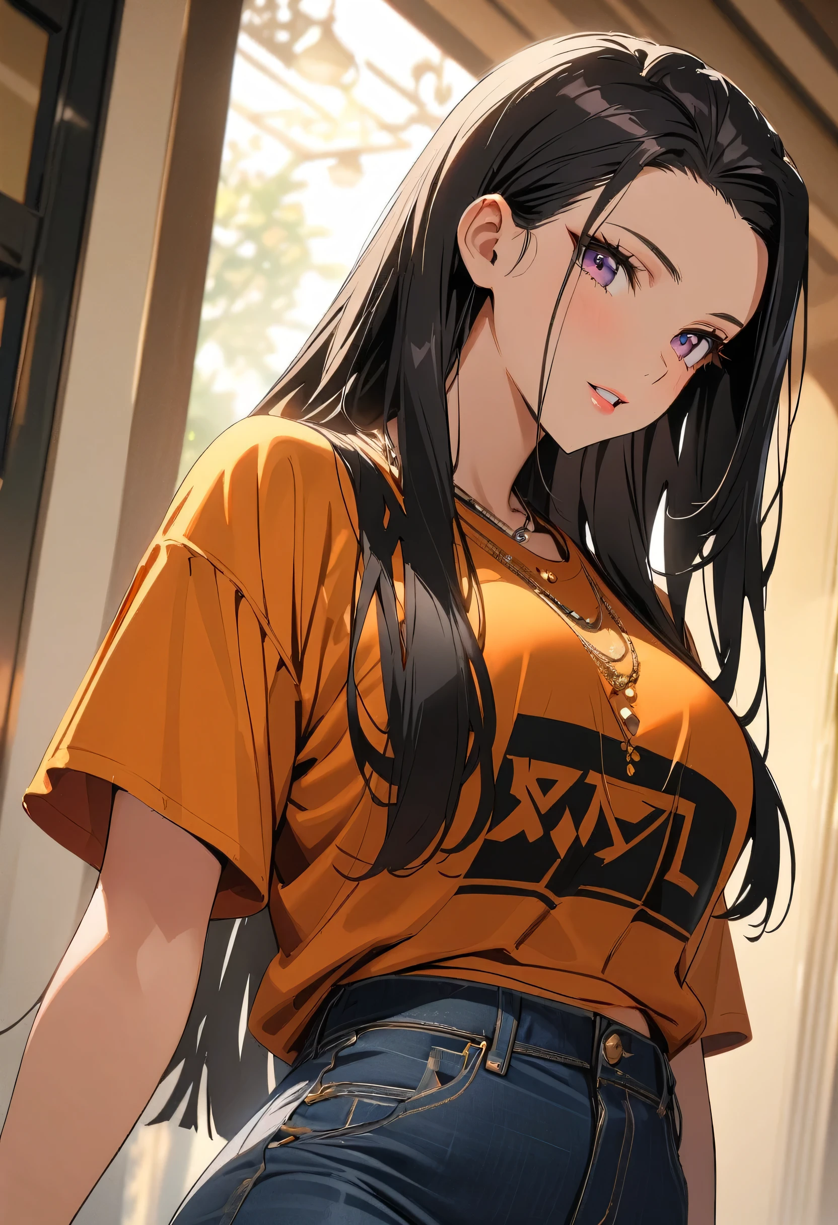 ((Top Quality)), ((Masterpiece)), (Detail), perfect face, fine eyes, depth of field, special shading, ((cowboy shot)), one beautiful girl, seductive Lips, big breasts, (black hair, long straight hair, hime cut), hair slicked back, (casual streetwear, luxurious ornaments:1.3), anime Style, fine skin, model posing