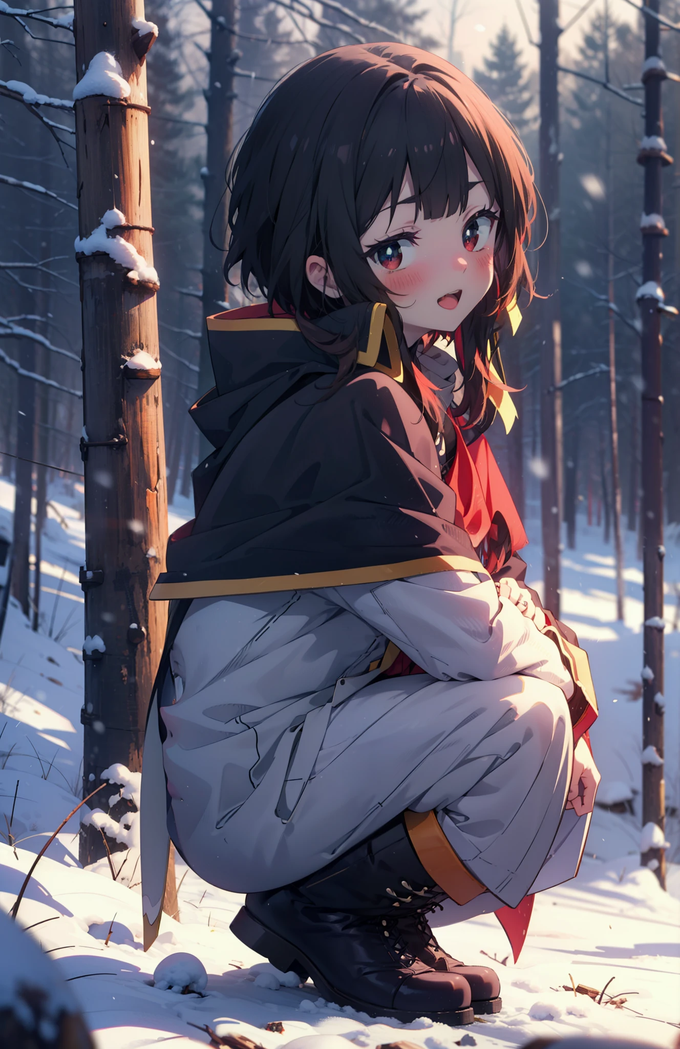 konosubaMegumin, Megumin, short hair, Black Hair, (Red eyes:1.3), short hair with long locks,Smile,blush,White Breath,
Open your mouth,snow,Ground bonfire, Outdoor, boots, snowing, From the side, wood, suitcase, Cape, Blurred, Increase your meals, forest, White handbag, nature,  Squat, Mouth closed, フードed Cape, winter, Written boundary depth, Black shoes, red Cape break looking at viewer, Upper Body, whole body, break Outdoor, forest, nature, break (masterpiece:1.2), highest quality, High resolution, unity 8k wallpaper, (shape:0.8), (Beautiful and beautiful eyes:1.6), Highly detailed face, Perfect lighting, Extremely detailed CG, (Perfect hands, Perfect Anatomy),