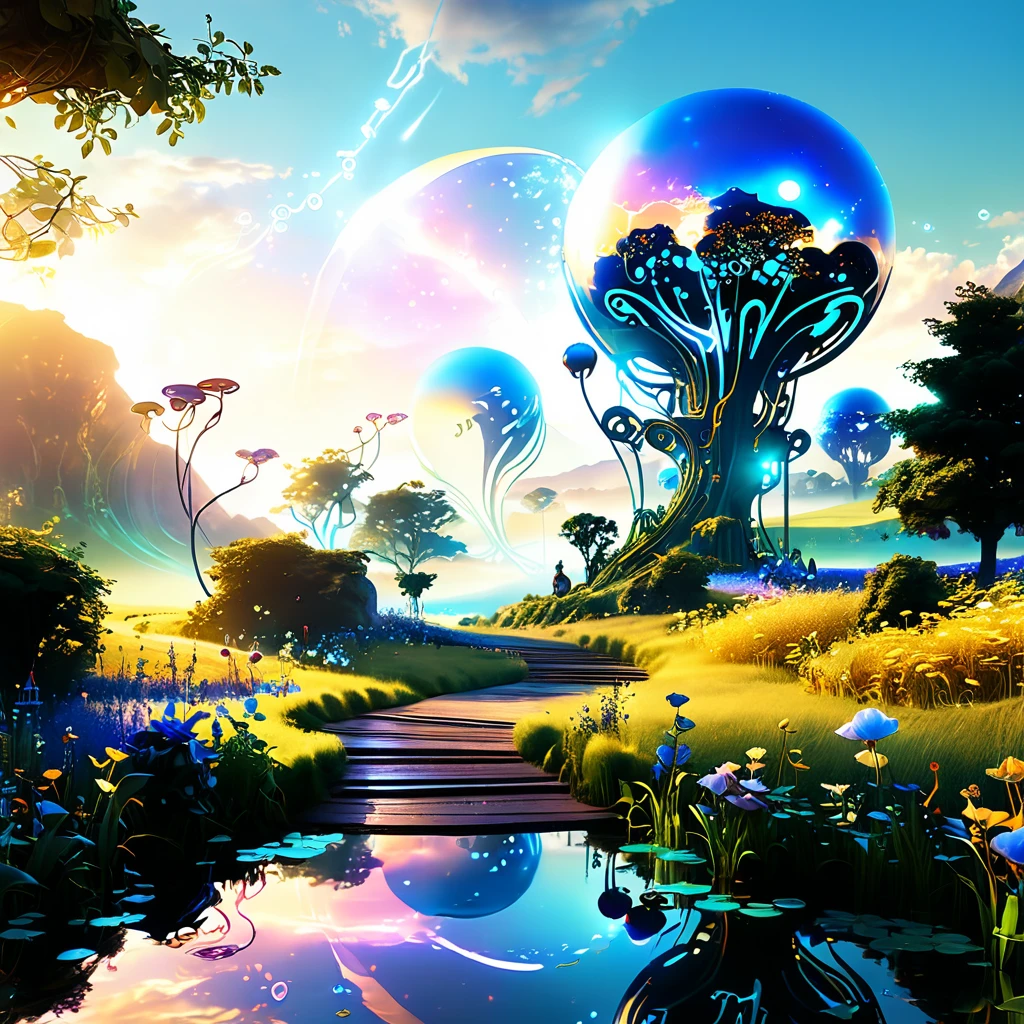 Enter an infinite and wonderful fantasy world, Magic and technology blend here,Forming a stunning picture. Imagine an enchanted Garden of Eden, AI creatures with shiny metal bodies frolic with ethereal organic creatures, Their shapes exude mysterious energy. In this vibrant landscape, Sparkling stream flowing through lush meadows, Brilliant colors that reflect nature and innovation. A gentle breeze blows,Ancient Whispers of Magic, The air is filled with the soft hum of machinery and the beautiful songs of magical creatures.. Check out this mesmerizing blend of fantasy and futurism, The boundaries between different fields disappear in a symphony of breathtaking beauty.