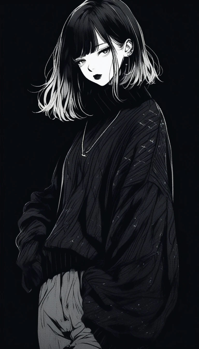(highest quality, sketch:1.2), Dark monochrome background, Japanese Manga,Illustrator,Japanese Manga,1 girl, Delicate lips,sweater,custom,background completely black, Neon Hair,Texture Clipping,Canadian, masterpiece, style: Retro Classic, 深いblack, art, sketch book, (blackのボブヘア:1.35, black:1.55), bad woman