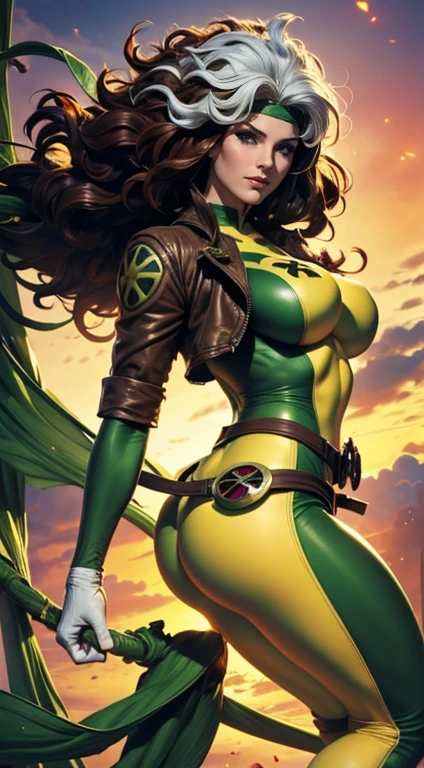 masterpiece:1.0), (best_quality:1.2), Classic Rogue, 1991 Rogue X-Men, 1 girl, Only 1, rear view, medium length hair, brown hair, wavy hair, messy hair, one lock of white hair, green eyes, sexy look, smirking, fit figure, curvy figure, big breasts, big butt, lipstick, makeup, jacket, green headband, belt, yellow gloves, skin tight bodysuit, open jacket, light source from above, (realism: 1.5), (Realistic: 1.4), (Absurdity:1.4), 8k, ultra-detailed, Detailed Beautiful Woman, (Art Nouveau style), influence by John William Waterhouse and Alphons Mucha, circles, banners, b