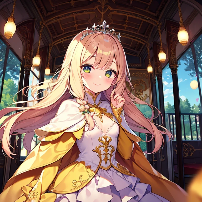 looking at viewer,(kawaii),(best quality),(ultra detailed), upper body,(rococo style),(long train pastel yellow cape:1.15), very long cape,(long train white ball gown with flower decorations:1.1), a girl is wearing a cape over her gown, 1 little princess, tiara, smile, very long hair, small breasts
