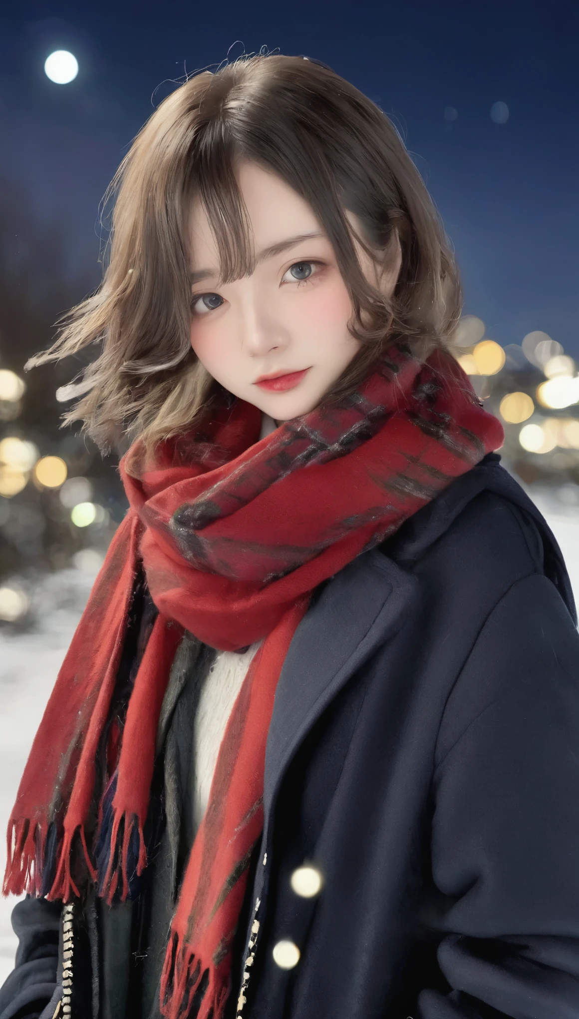 RAW Photos、Realistic、highest quality、masterpiece、************、A girl wearing a duffle coat and an onahole、Luxury brand duffle coat、Brightly colored scarves、((Hair in the scarf:1.3))、cold夜、Red cheeks、breathe、minus３０The world of degrees、Diamond dust、月明かりに輝くDiamond dust、Deep in the forest、Full moon night、かわいいface、Very detailed_face_eye、cold、Alaska Night、Starry Sky、