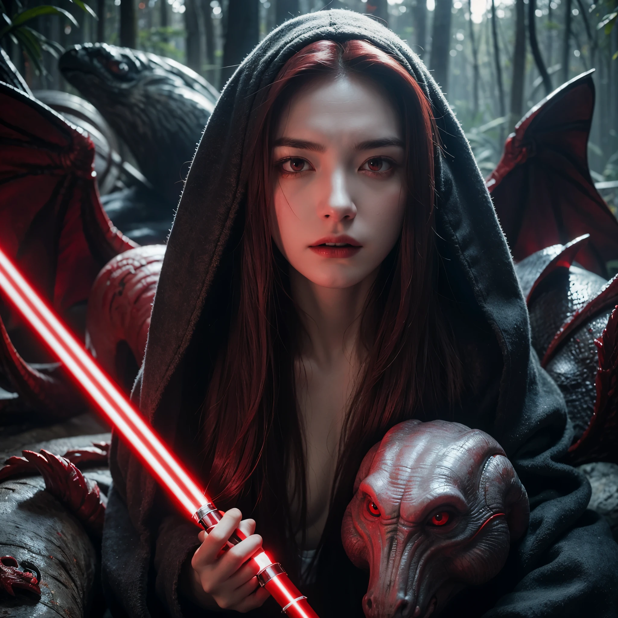 (pale face & skin) (deadly realistic red crimson look lightsaber) surrounded by gargolye beast creature with red eyes