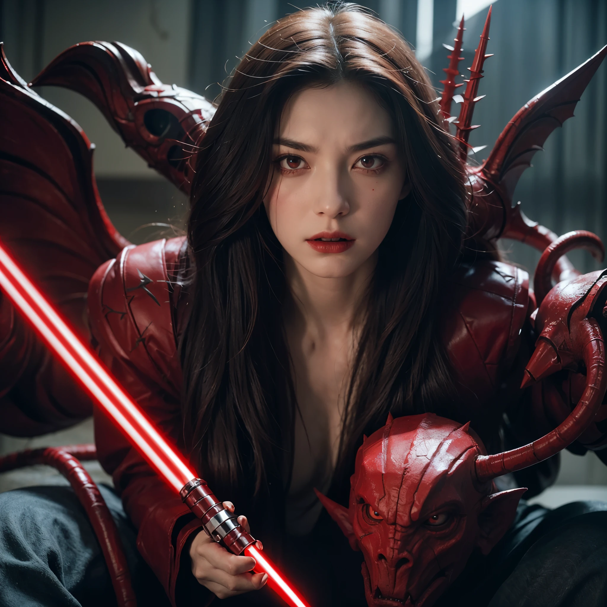 (pale face & skin) (deadly realistic red crimson menacing look lightsaber with red thorn allover) surrounded by gargolye beast creature with red eyes
